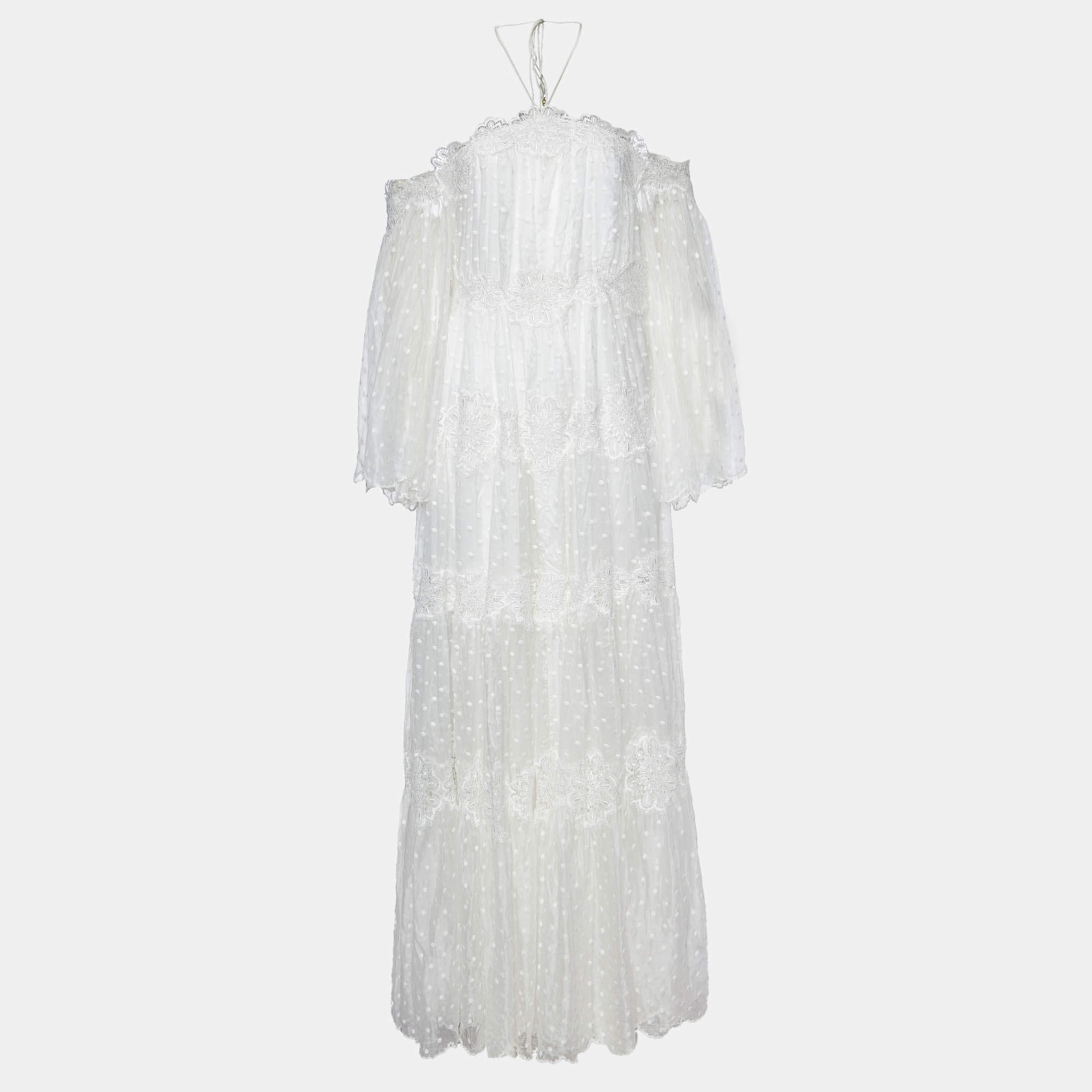 مملوكة مسبقًا Zimmermann White Dotted Silk Lace Paneled Maxi Dress XS