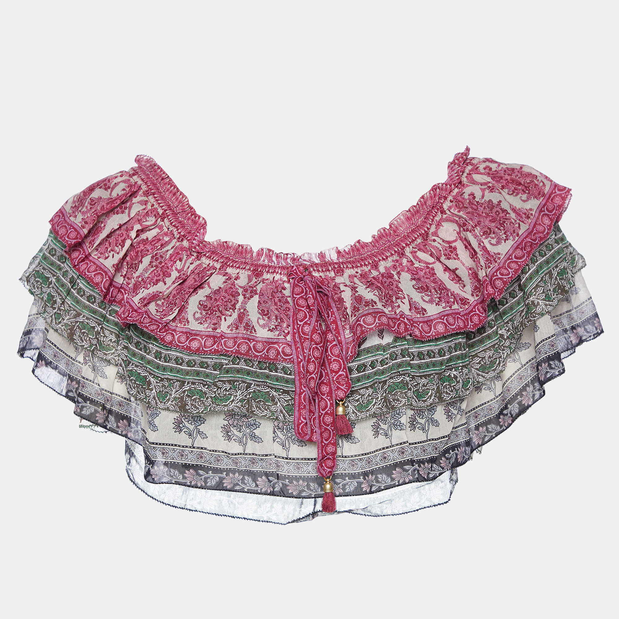 Pre Owned Zimmermann Multicolor Printed Cotton & Silk Amari Off-the-shoulder Crop Top M