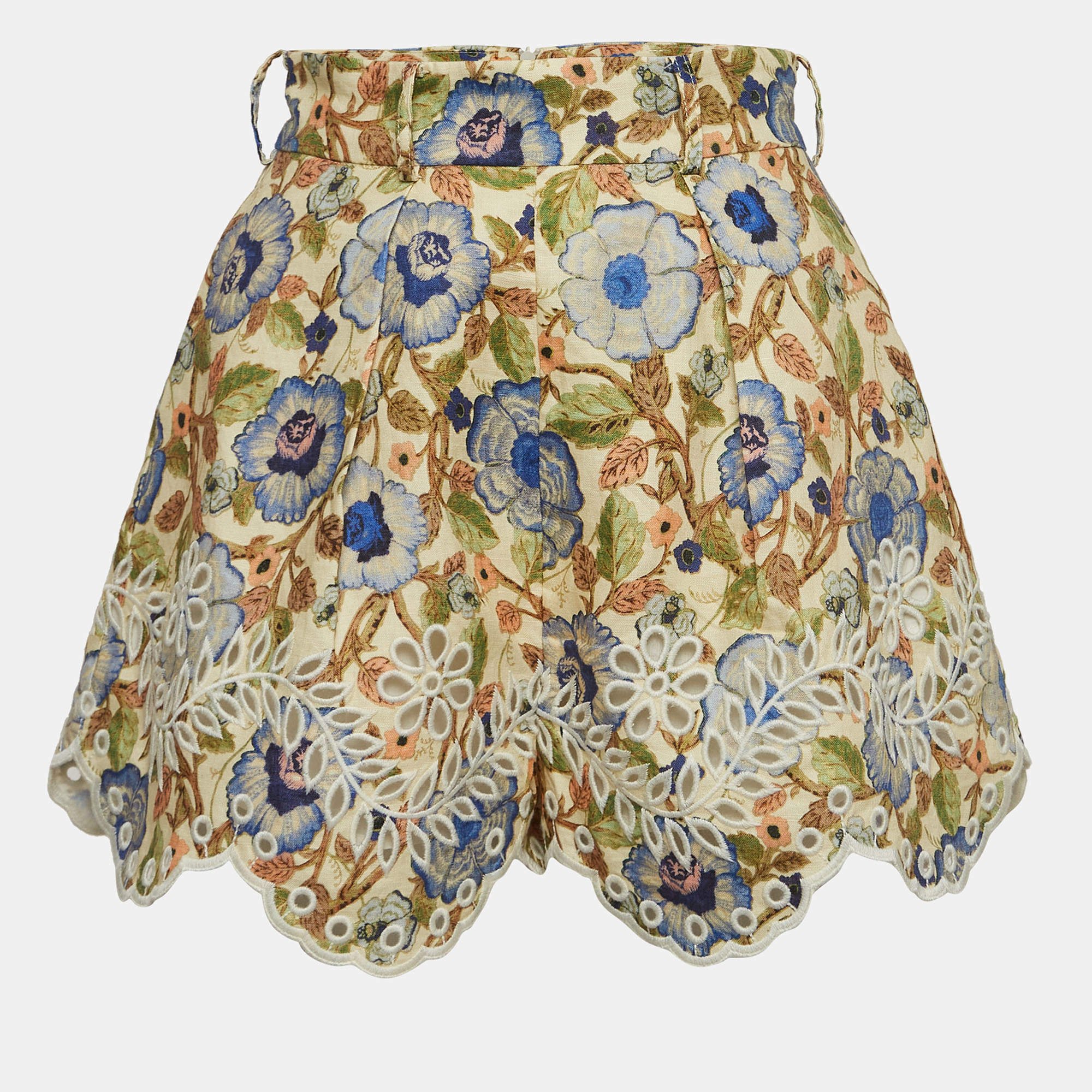 Zimmermann Multicolor Floral Print Schiffli Linen Shorts XS