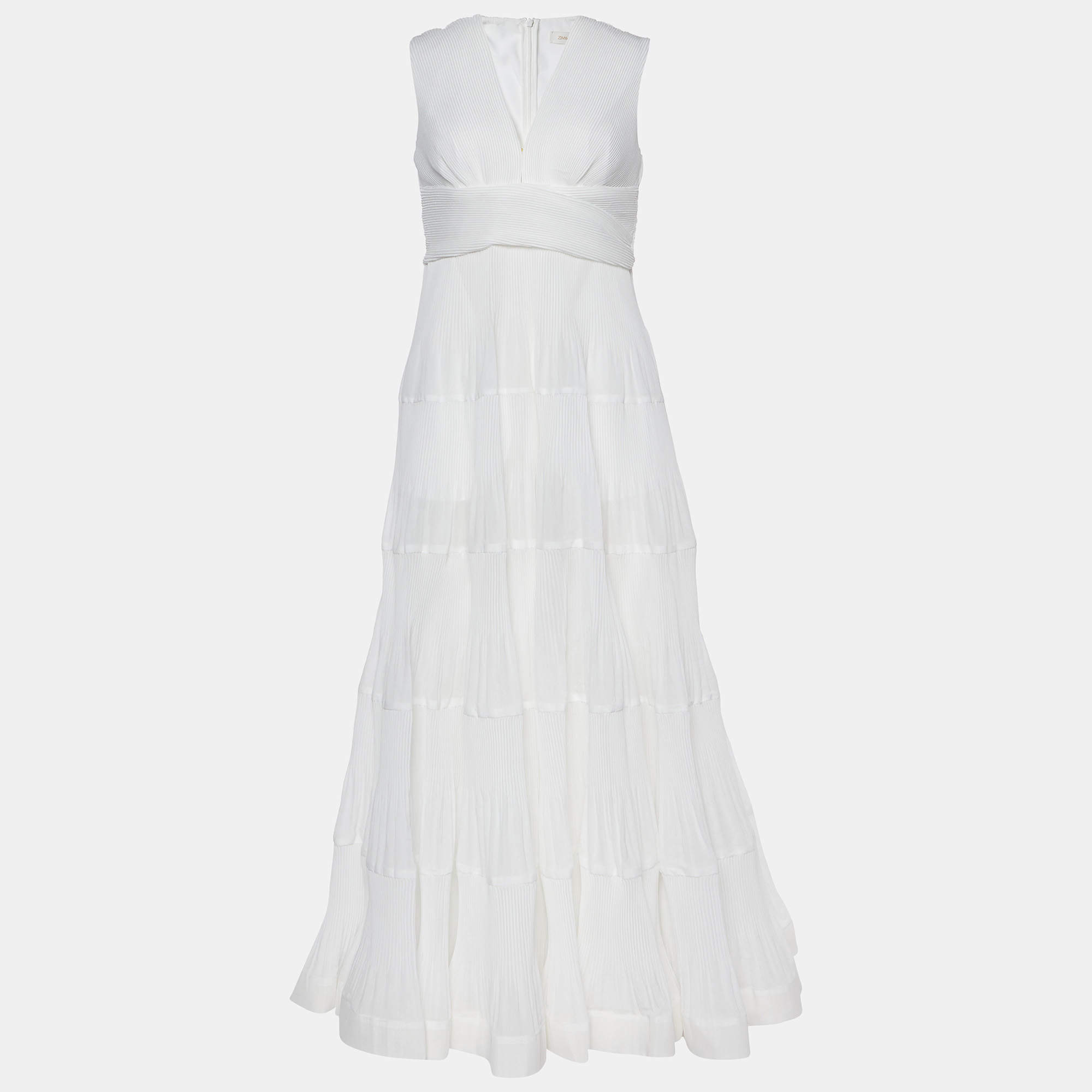 Pre Owned Zimmermann White Plisse Organdy Sleeveless Long Dress M