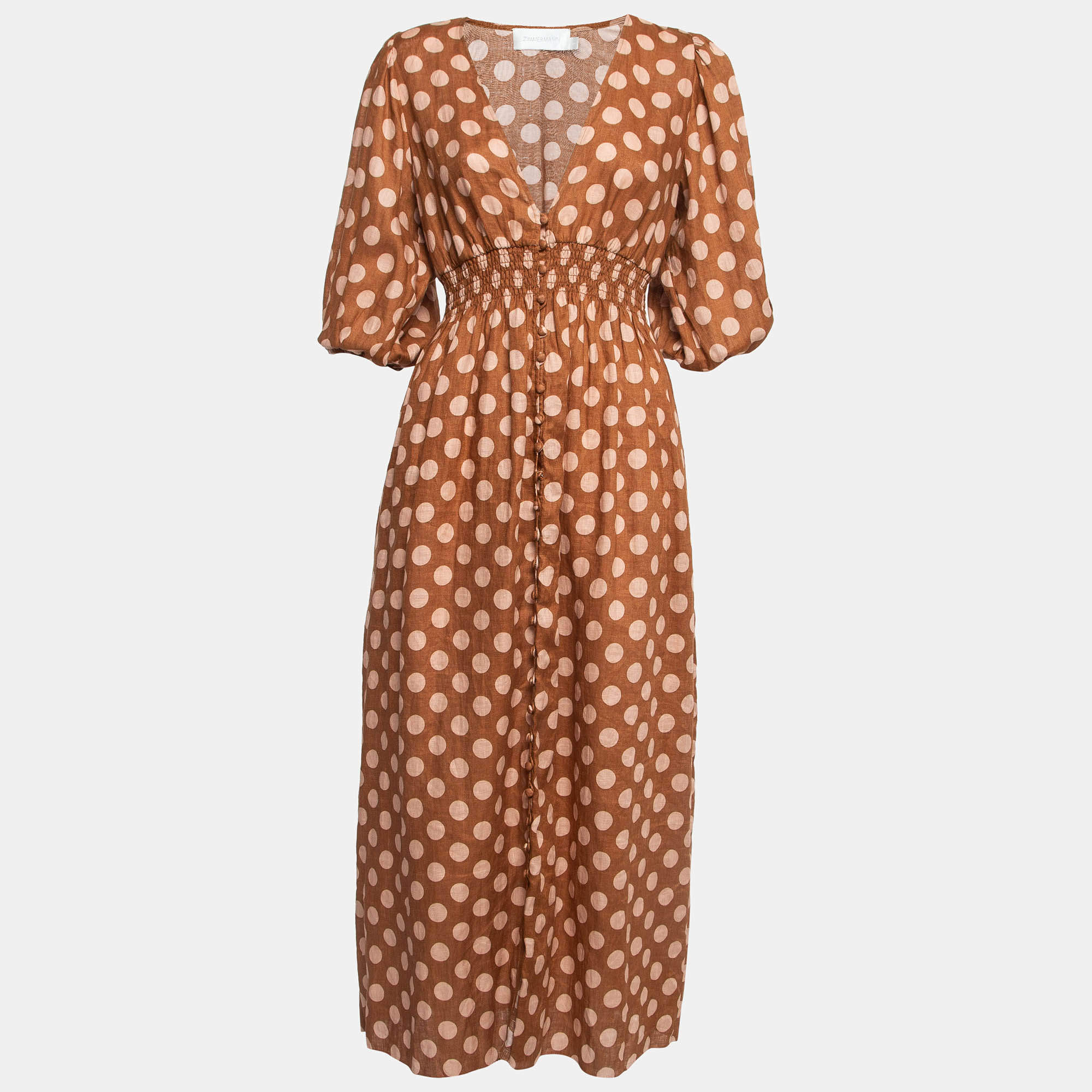 Pre Owned Zimmermann Brown Polka Dots Linen Primrose Shirred Midi Dress M