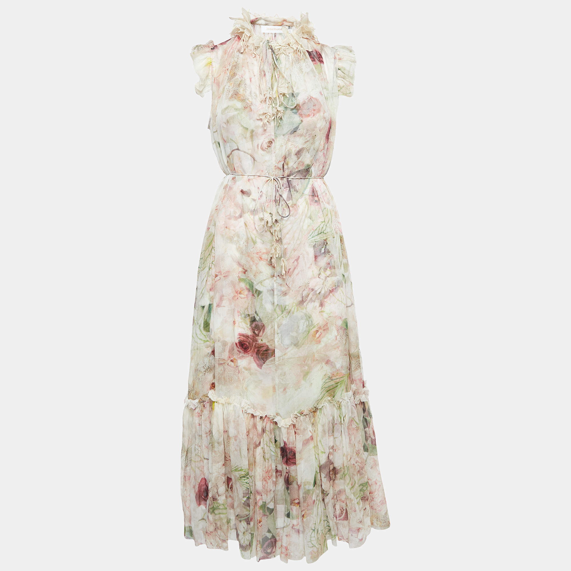 Pre Owned Zimmermann Pink Floral Print Georgette Dancer Flutter Midi Dress S