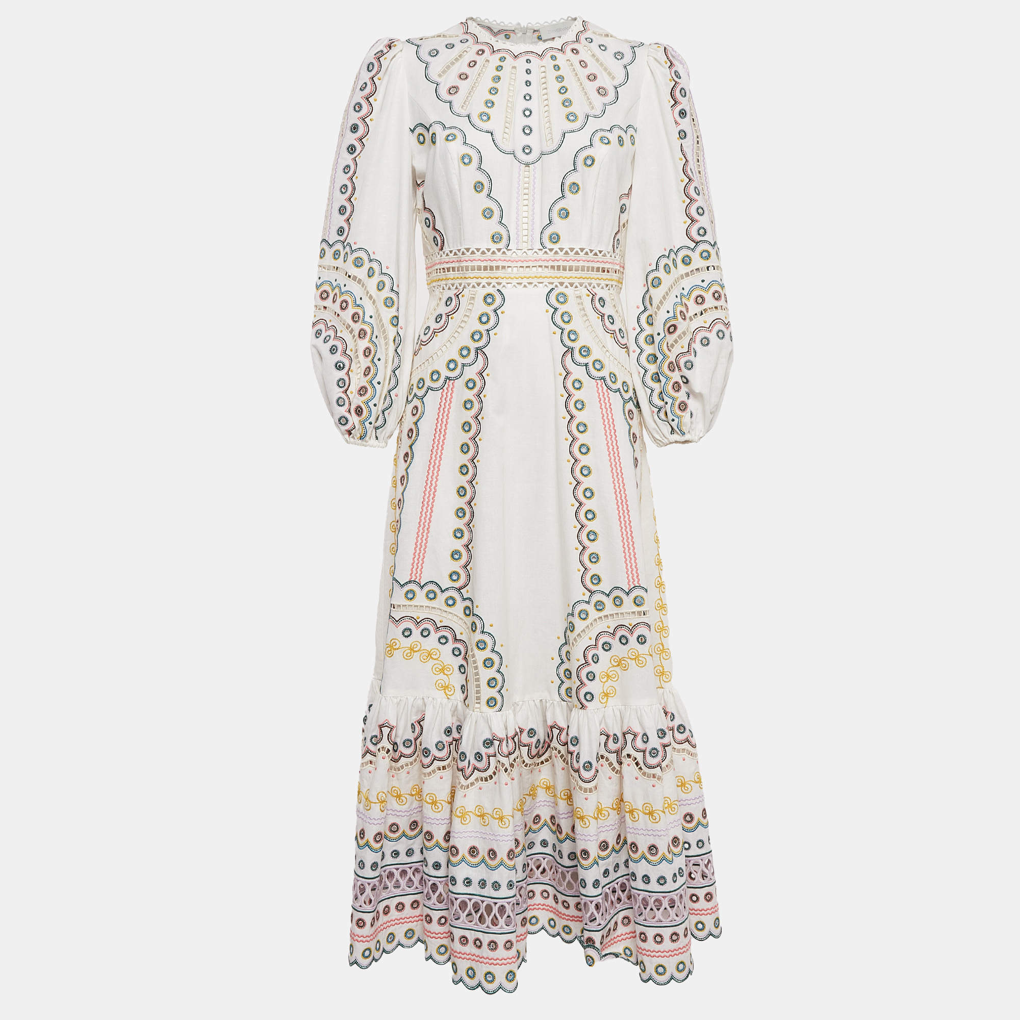 Pre Owned Zimmermann White Peggy Embroidered Cotton Blend Midi Dress M