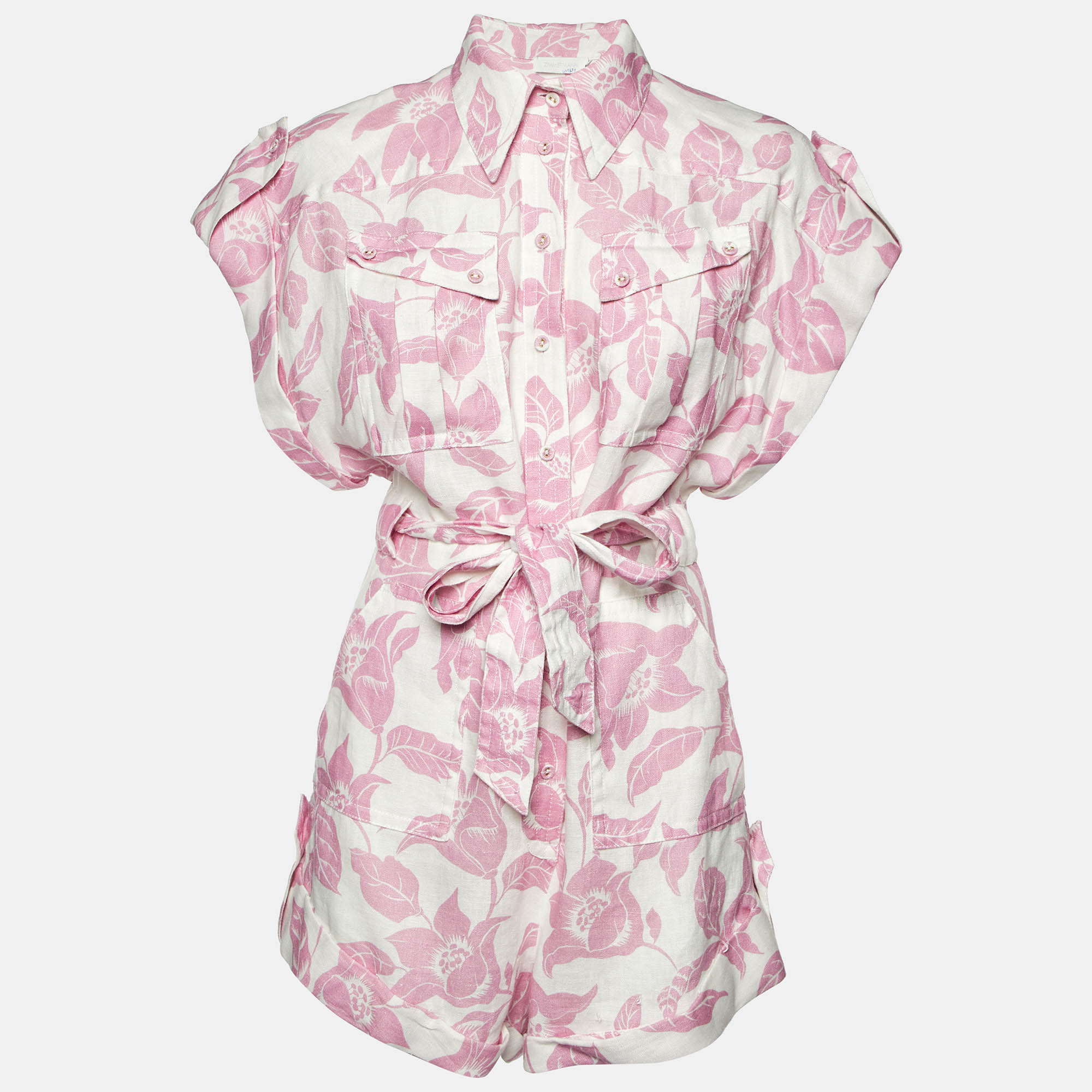 Pre Owned Zimmermann Pink Floral Print Linen Bells Cuffed Playsuit M