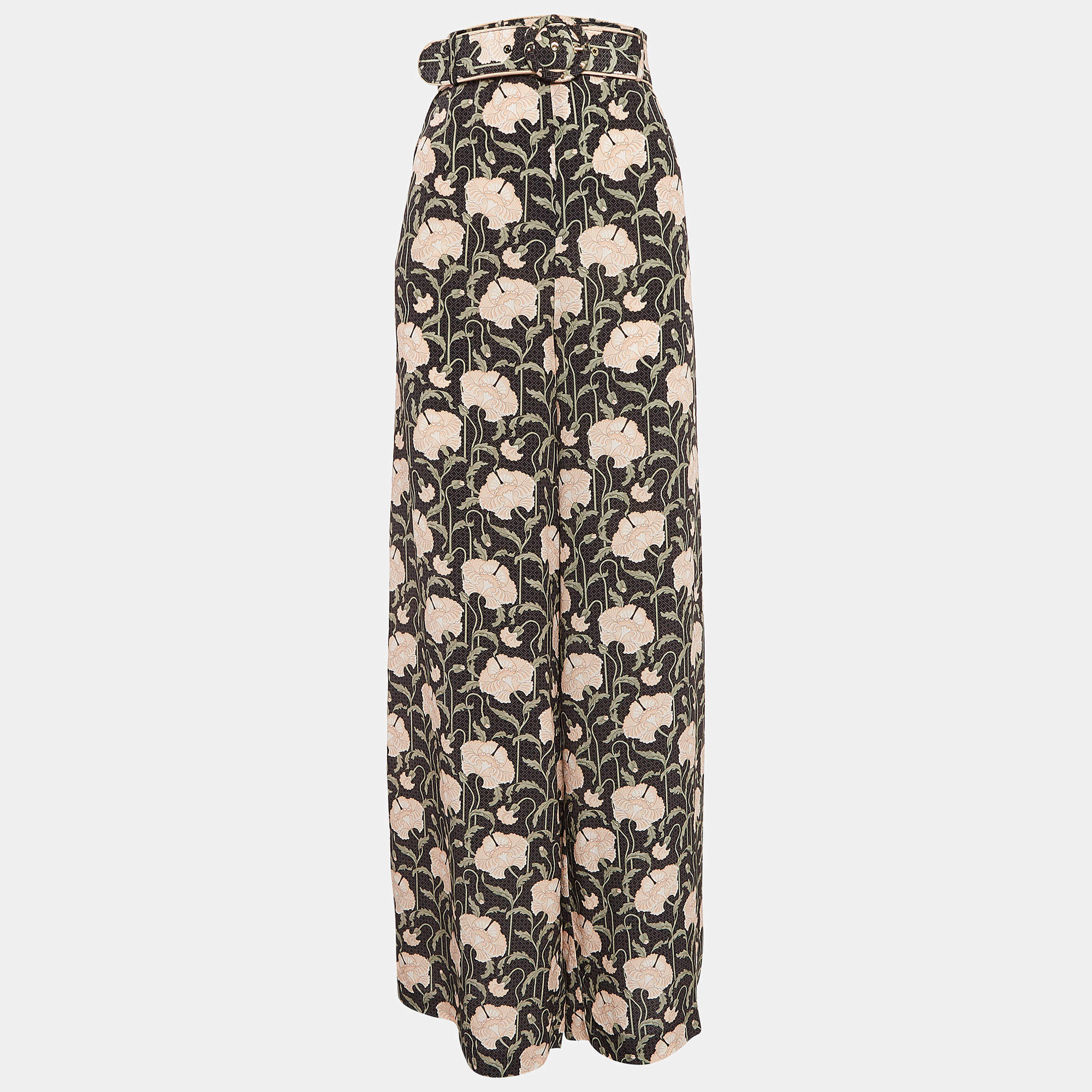 Pre Owned Zimmermann Black Floral Print Silk Belted Trousers L