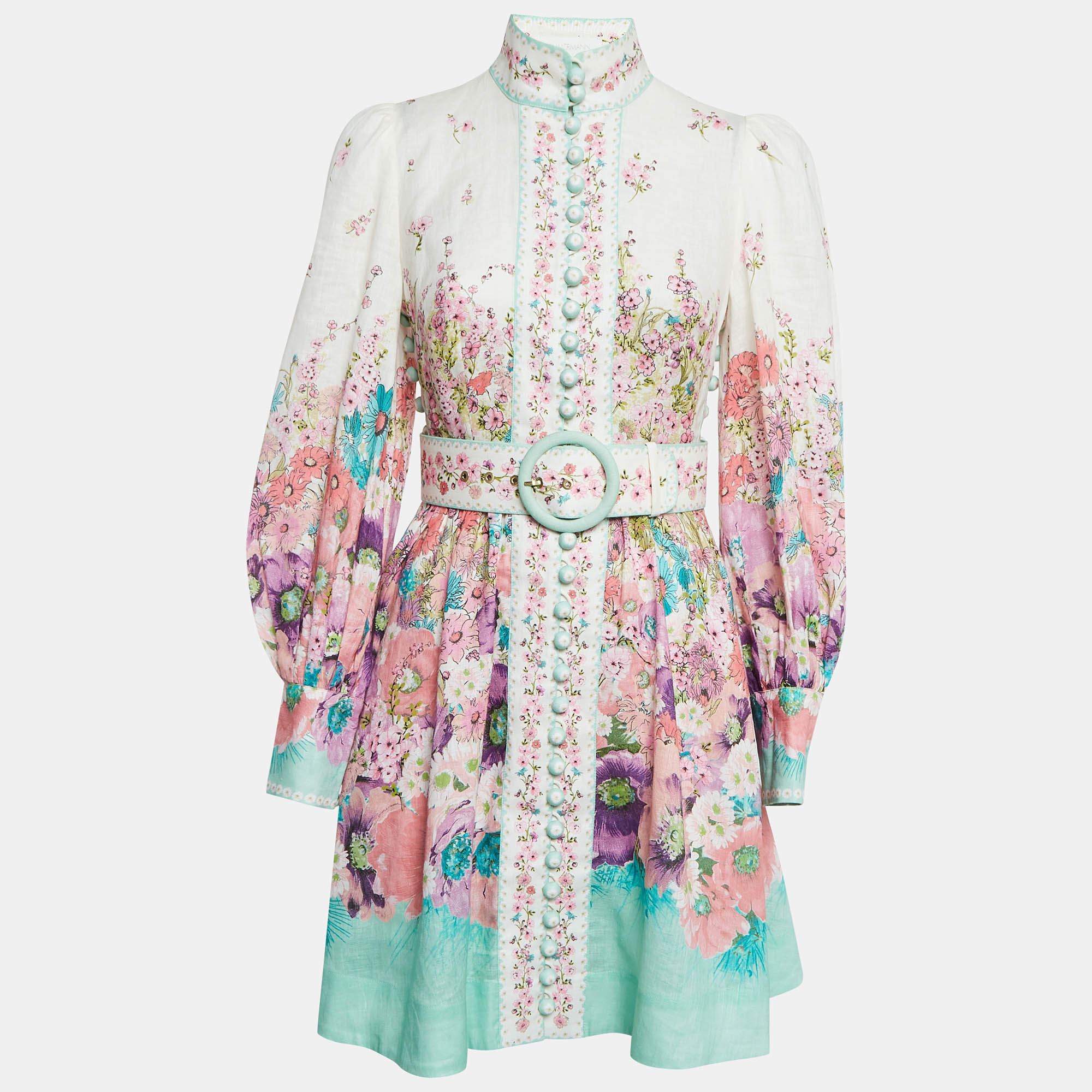 Pre Owned Zimmermann White Floral Print Linen Jude Mini Dress S