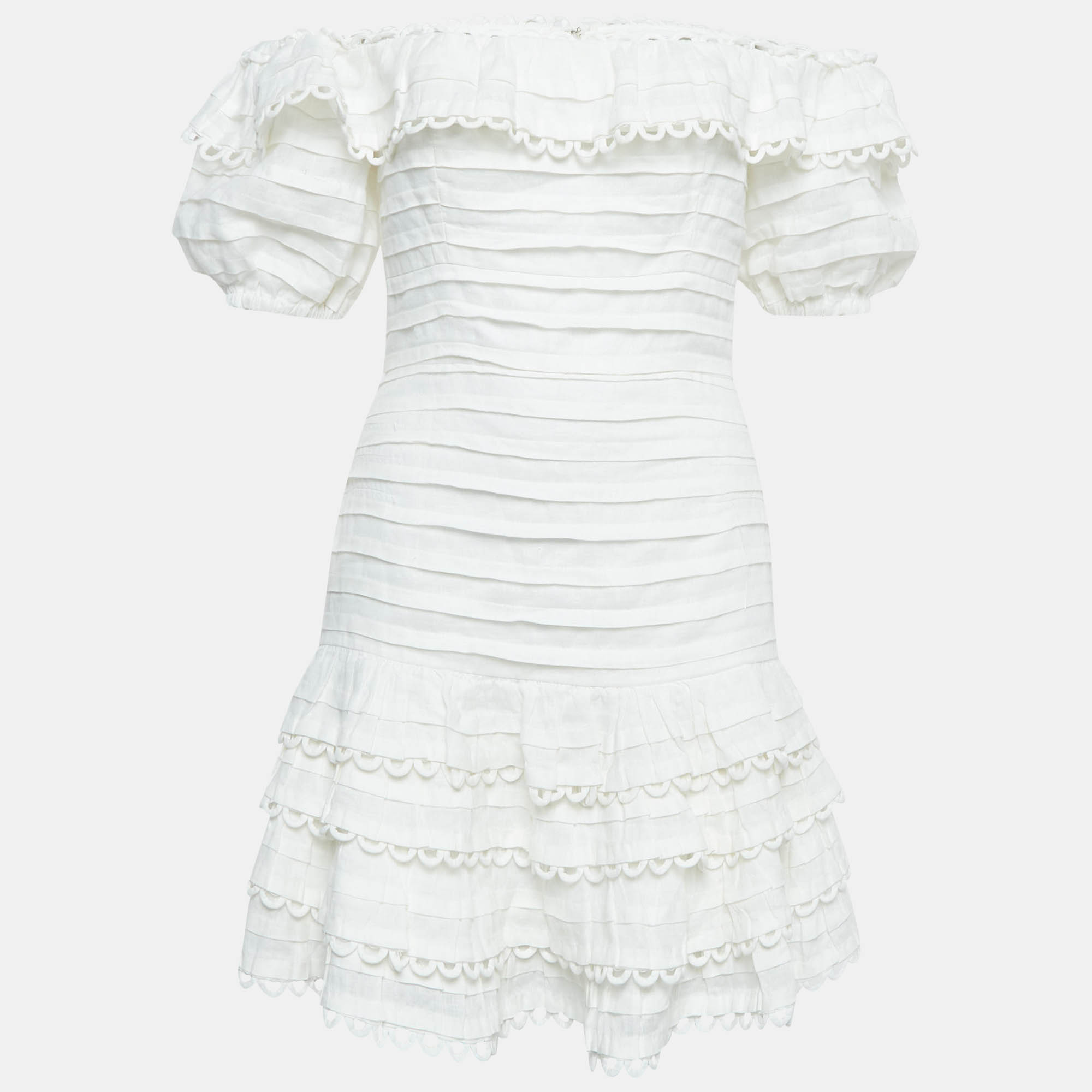 Pre Owned Zimmermann White Linen Ruffled Mini Dress S