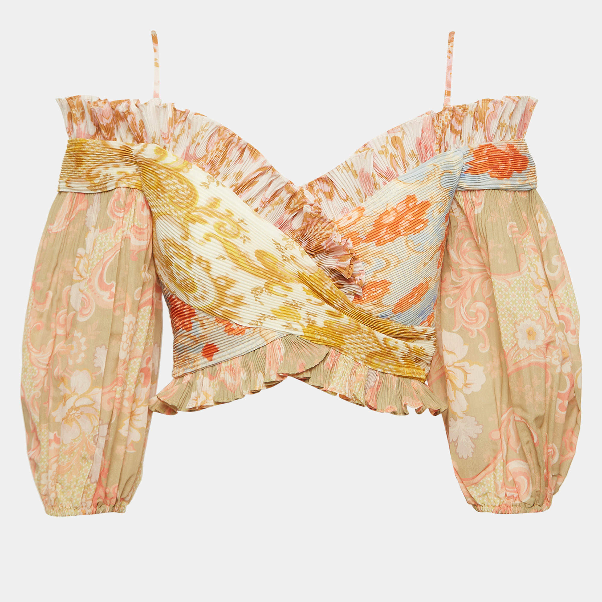 Zimmermann Yellow Postcard Print Plisse Crop Top M