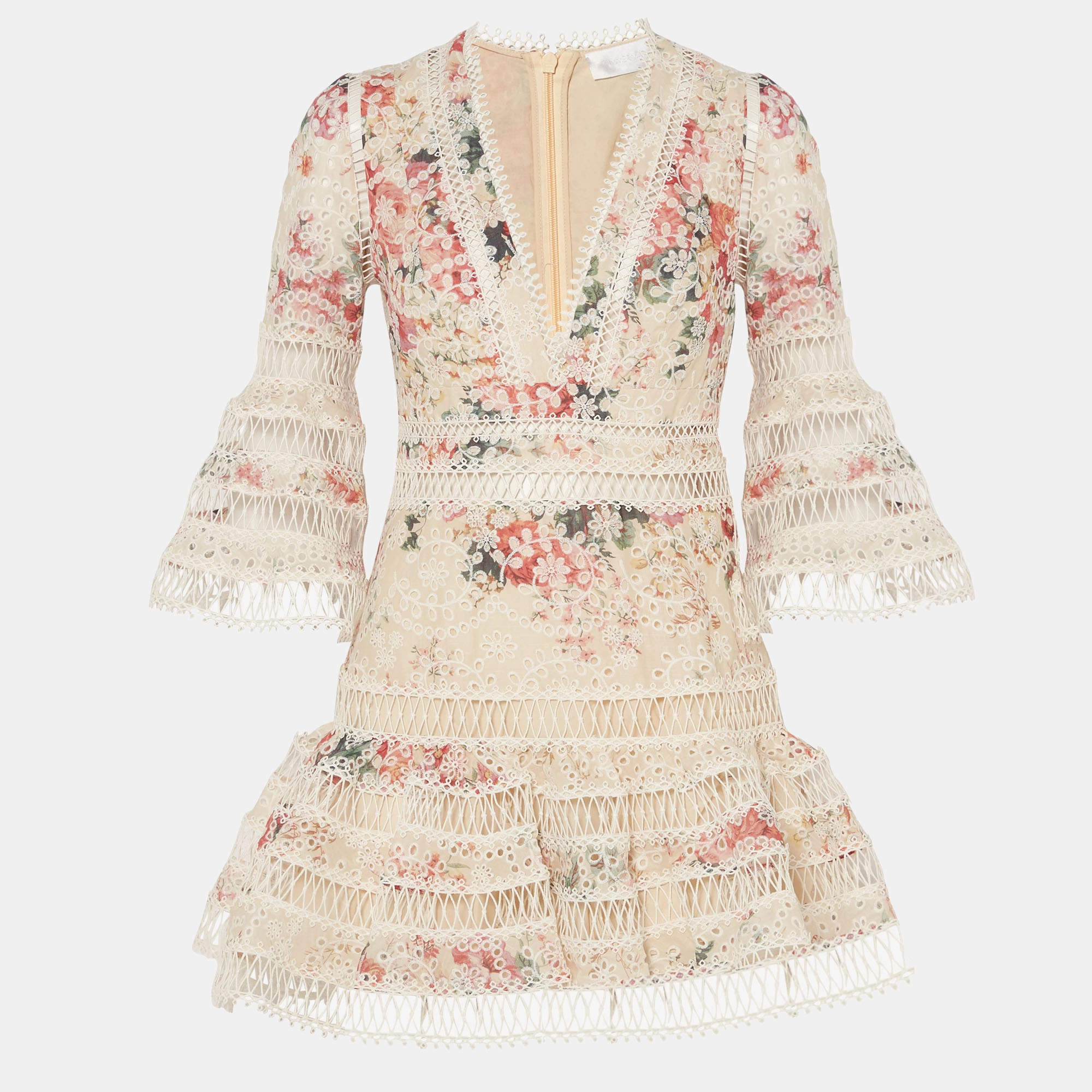 Pre Owned Zimmermann Beige Printed Cotton Lace Trimmed V-Neck Mini Dress S