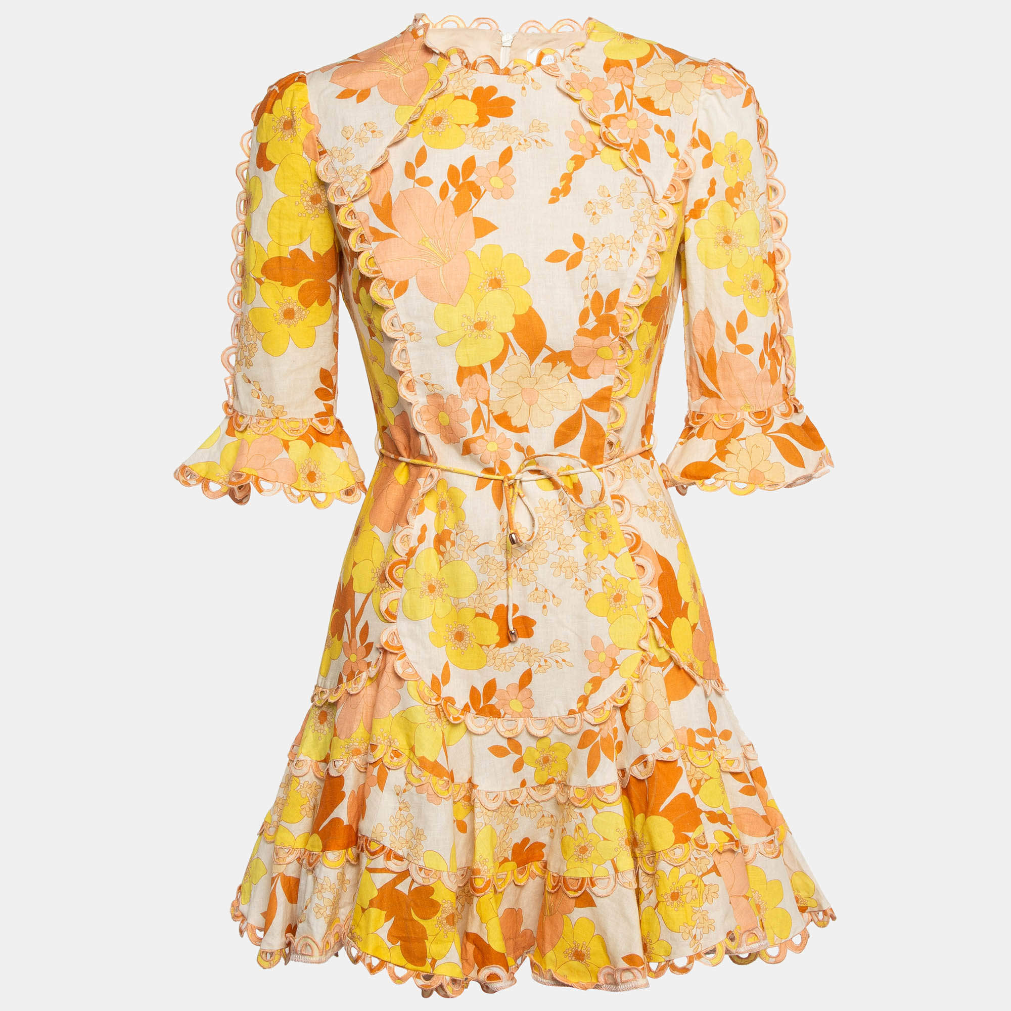 Pre Owned Zimmermann Light Beige Printed Linen & Cotton Scallop Detail Mini Dress S