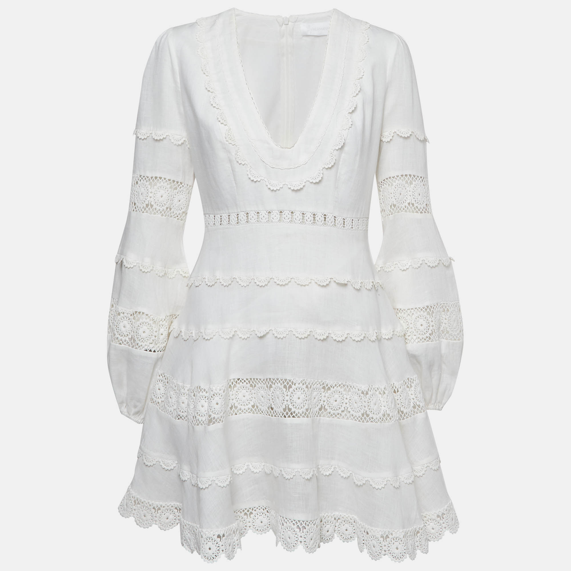 Pre Owned Zimmermann White Lace Trim Linen Castile Plunge Dress M