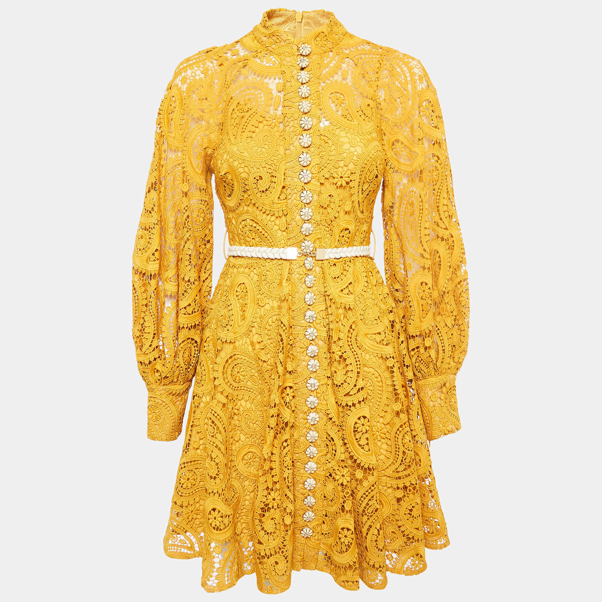 Pre Owned Zimmermann Yellow Paisley Lace Anneke Mini Dress XS