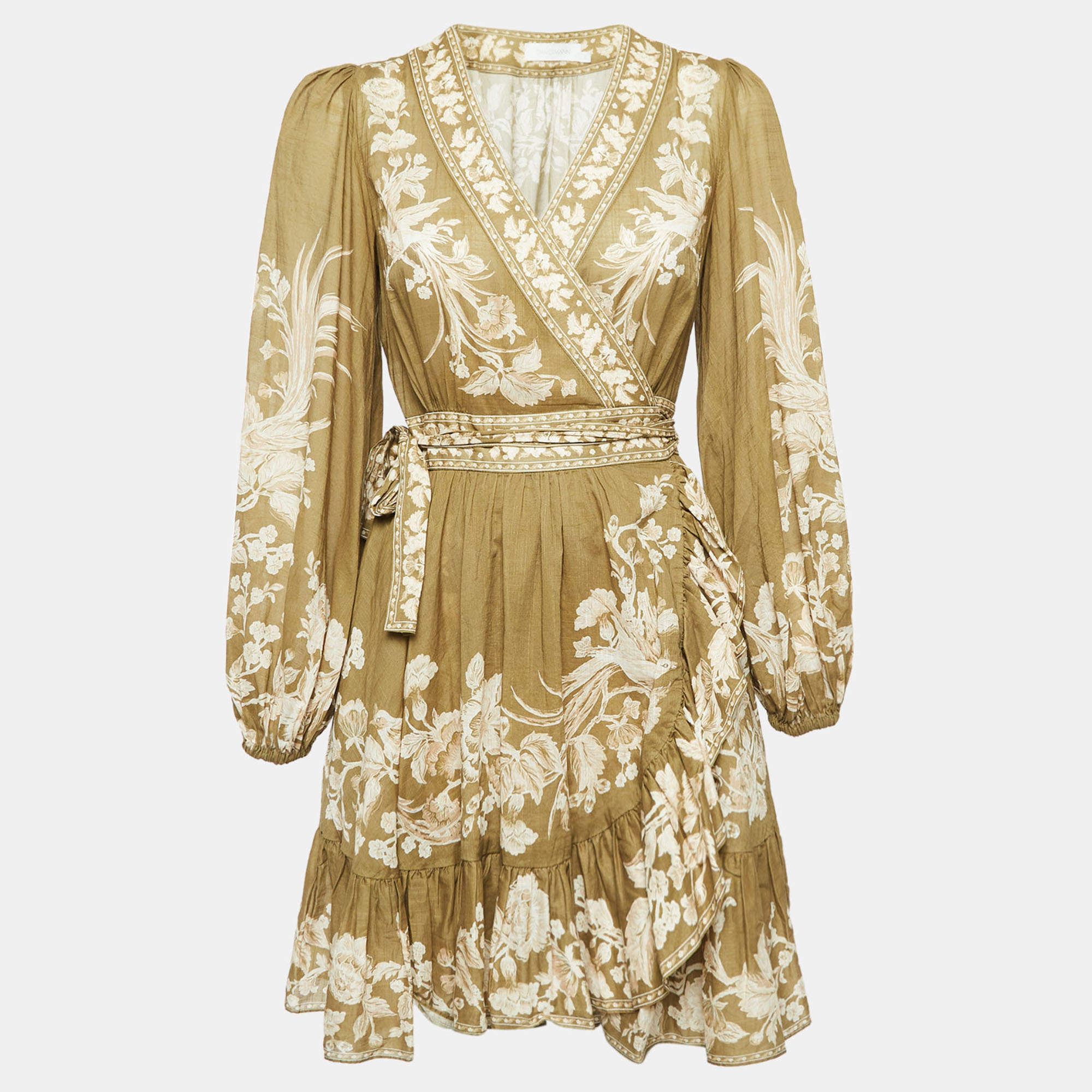 Pre Owned Zimmermann Green Printed Cotton Mini Wrap Dress S