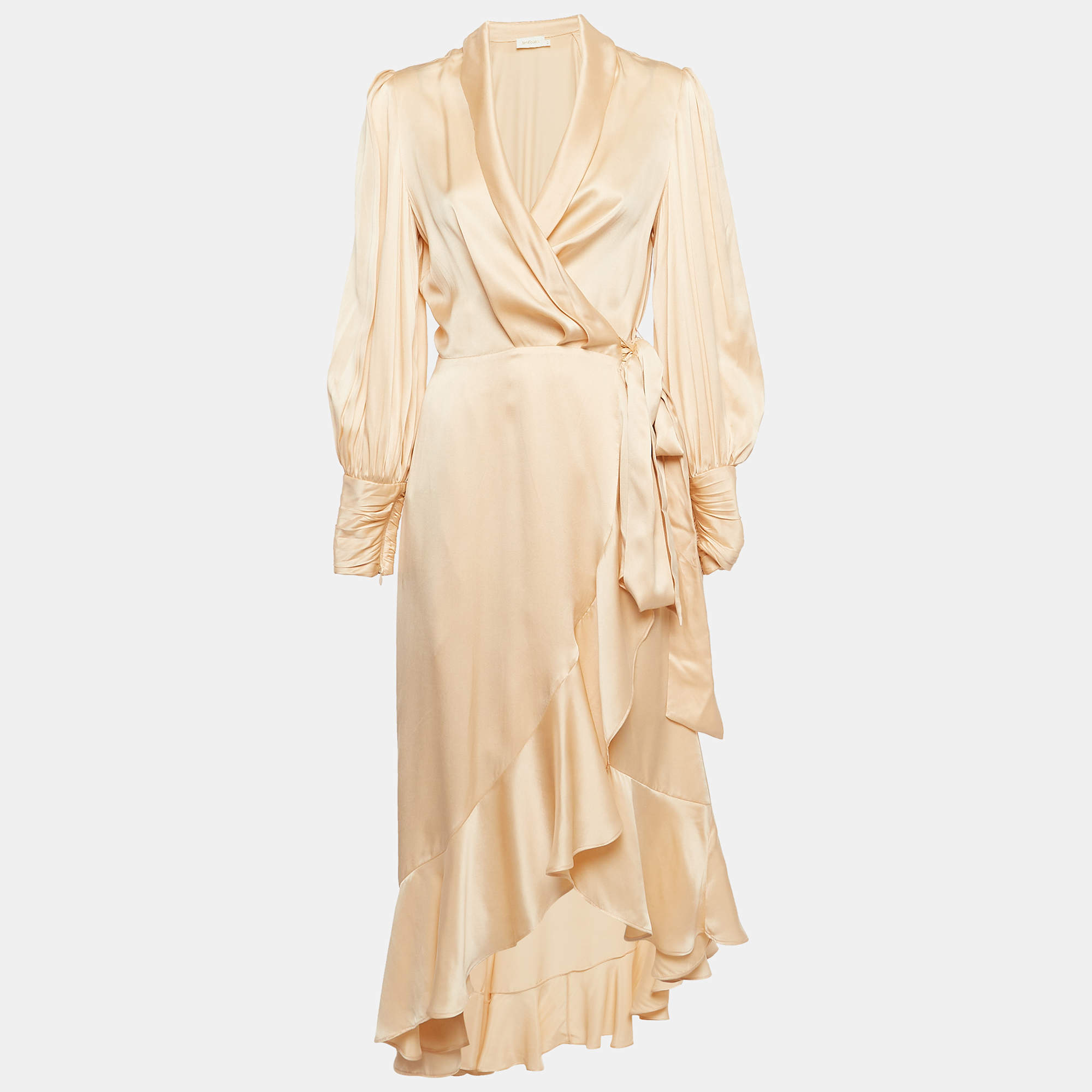 Pre Owned Zimmermann Beige Silk Satin Blouson Sleeve Asymmetric Midi Wrap Dress M