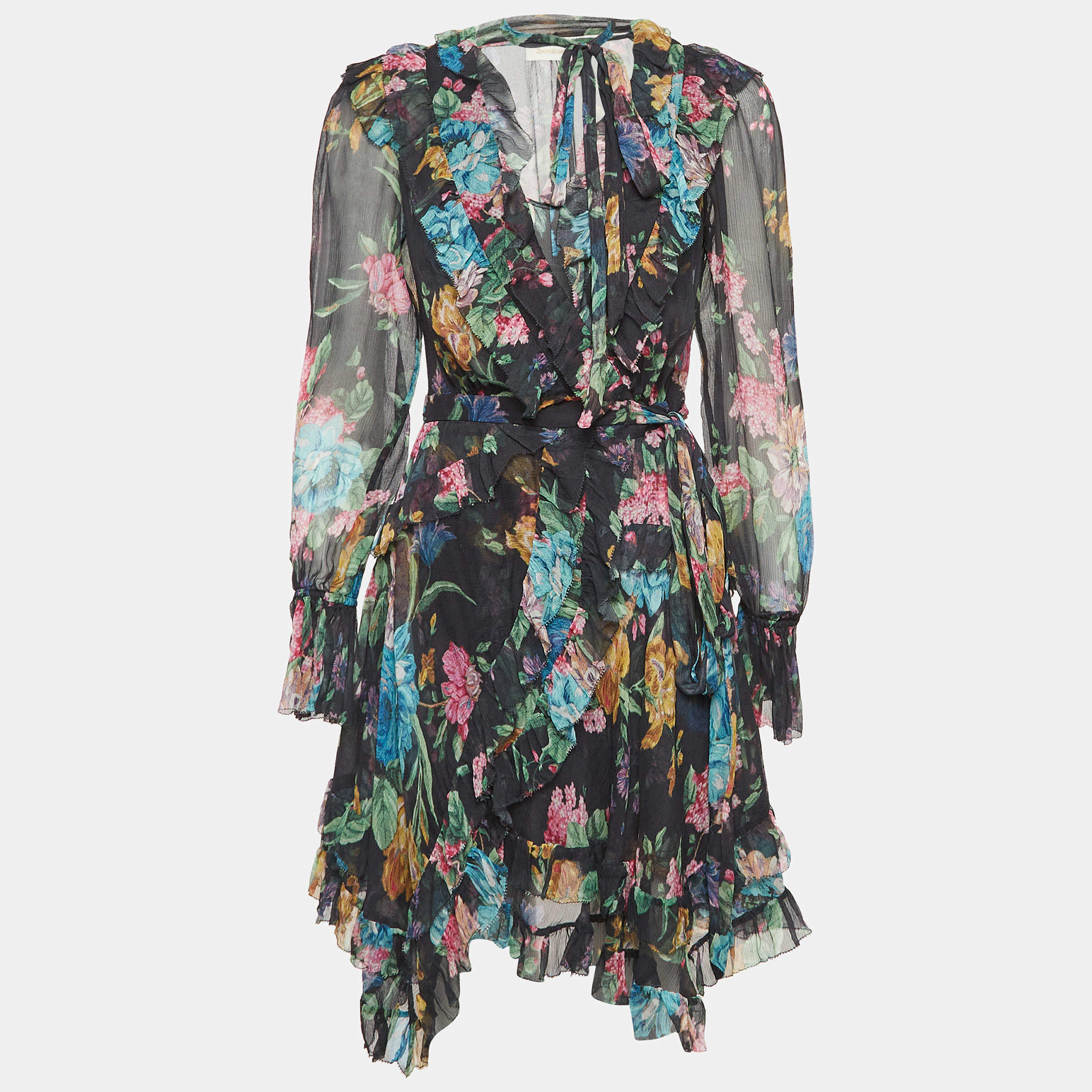 Zimmermann Black Floral Print Silk Ruffled Wrap Dress S