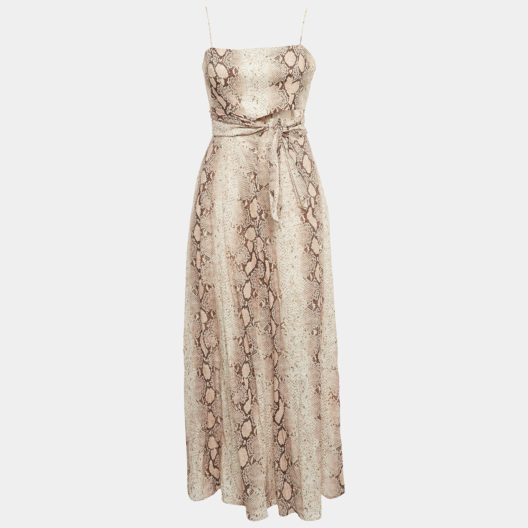 Zimmermann Pink Python Print Linen Bellitude Knotted Cutout Midi Dress M