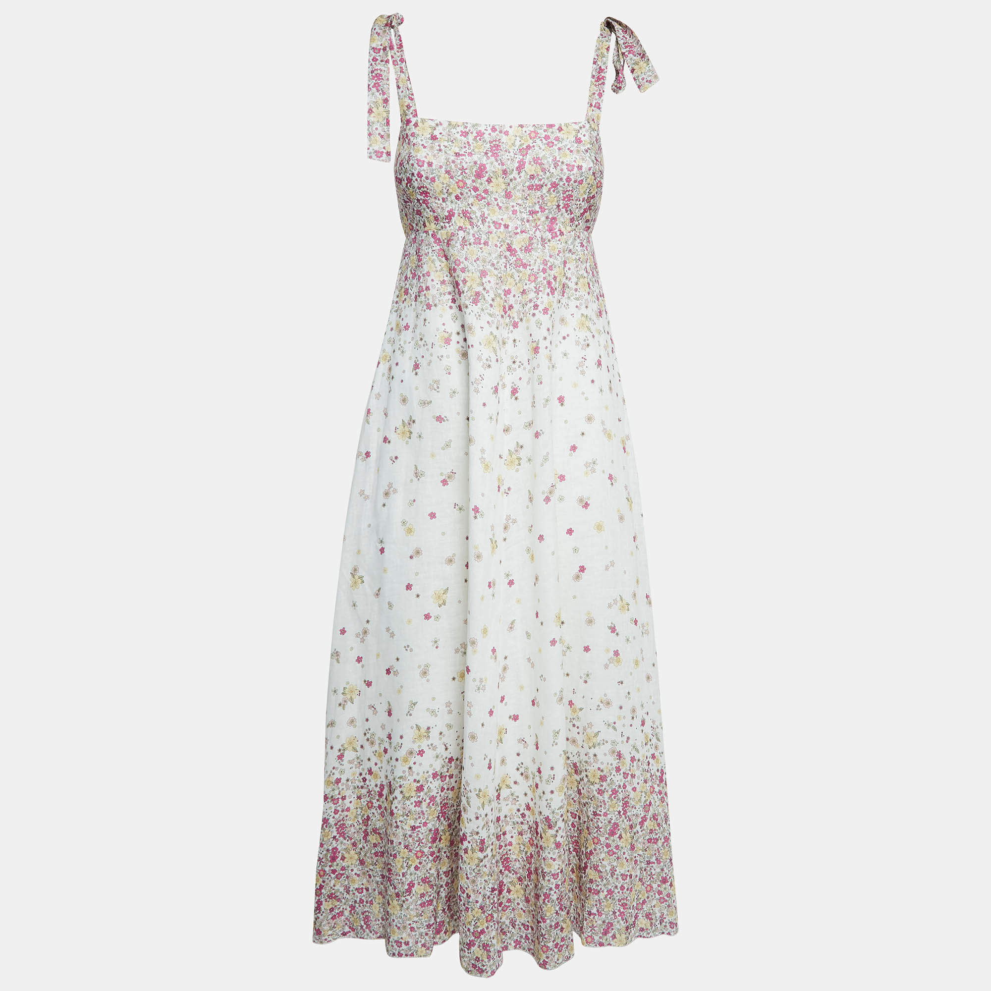 Pre Owned Zimmermann Cerise Ditsy White Carnaby Print Tie-Up Shoulder Midi Dress S