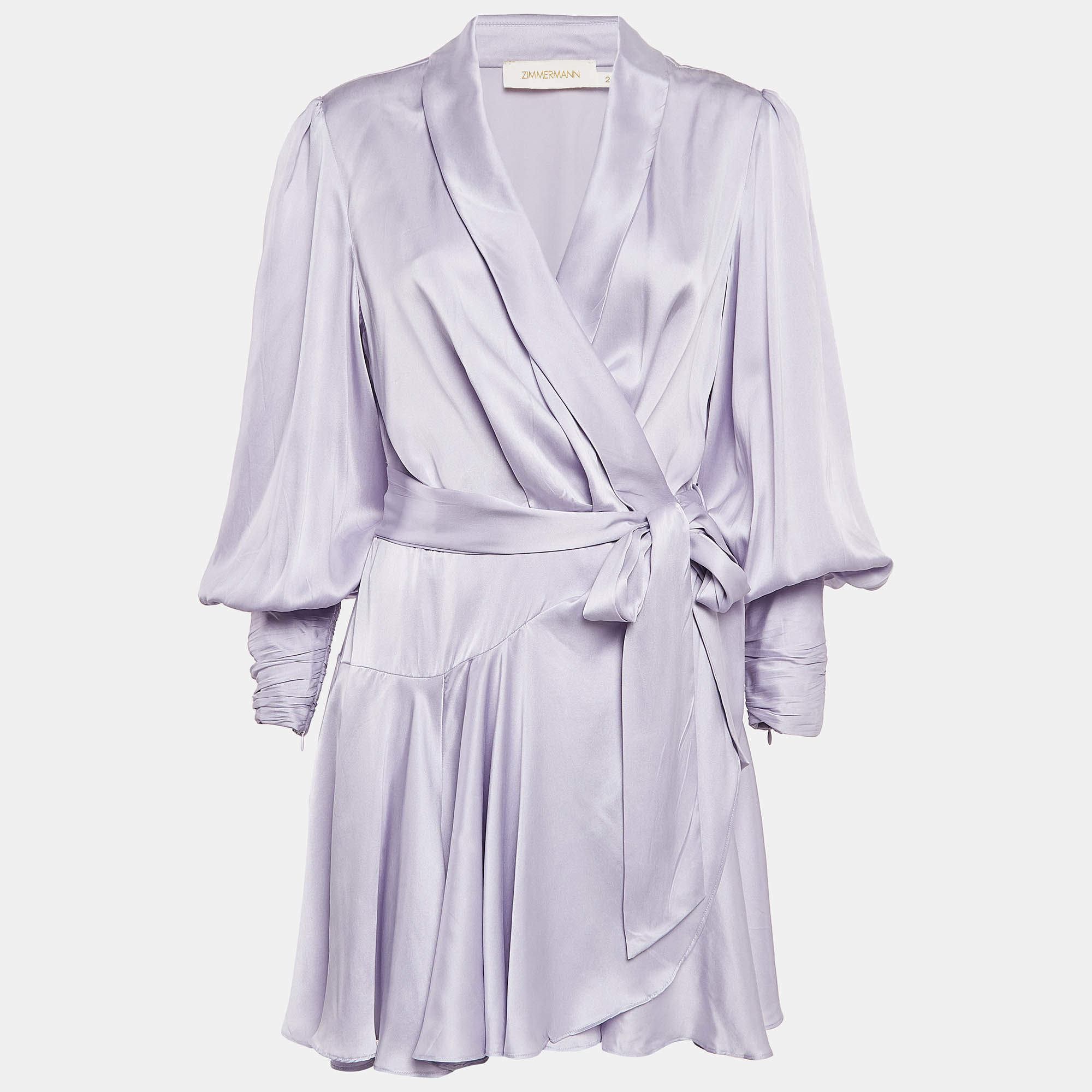 مملوكة مسبقًا Zimmermann Light Purple Satin Silk Blouson Sleeve Mini Wrap Dress M