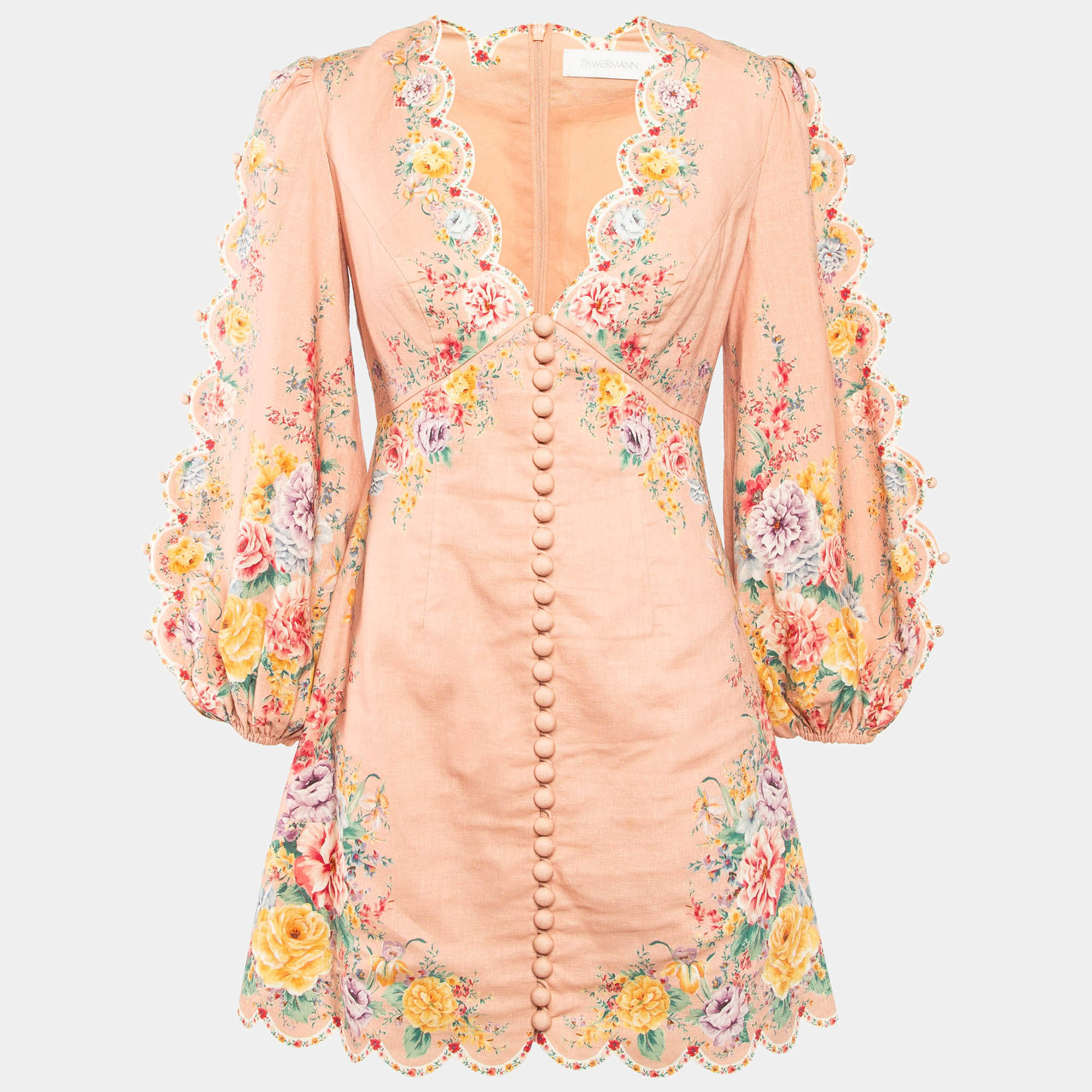 Pre Owned Zimmermann Light Orange Floral Print Zinnia Scallop Mini Dress M