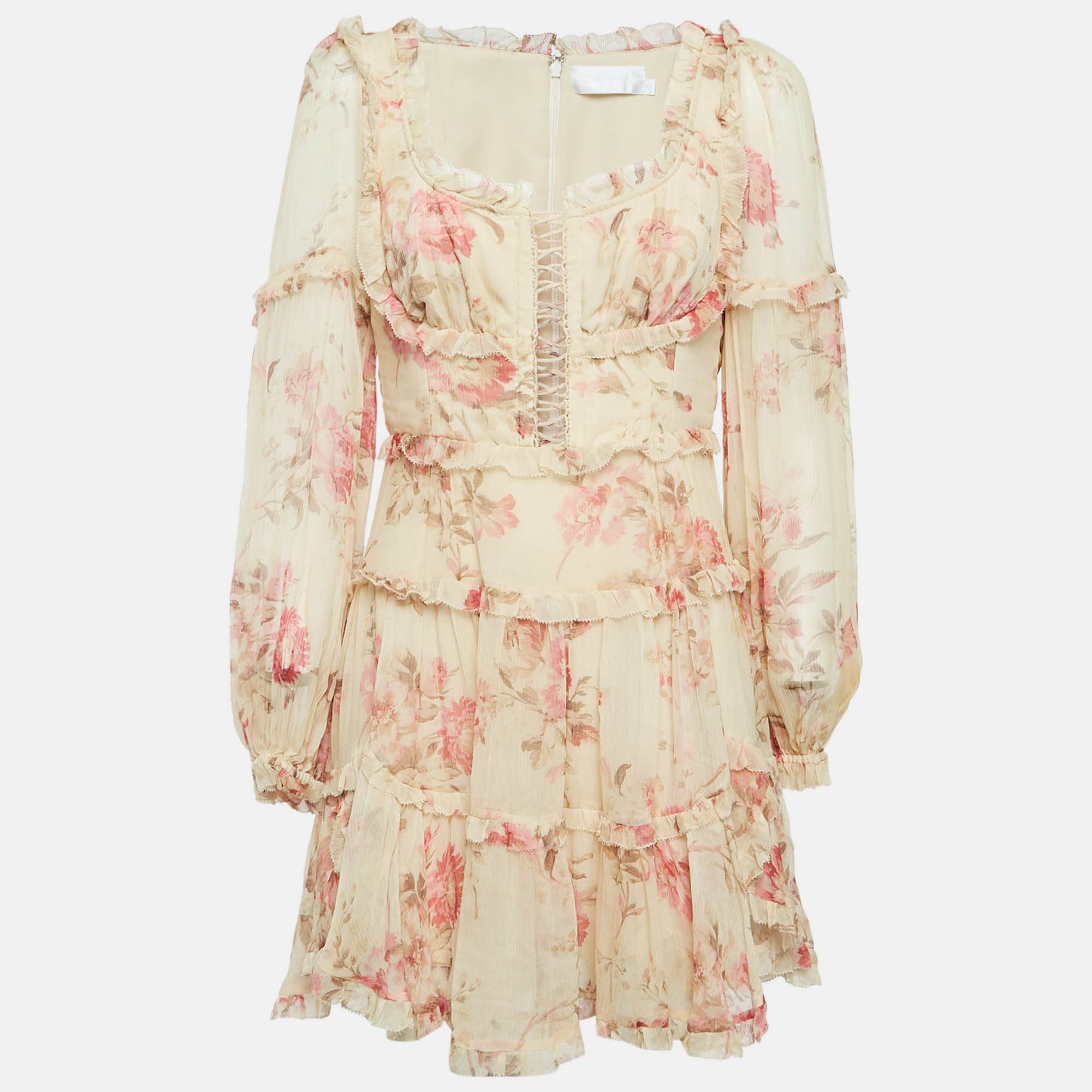 Zimmermann Yellow Floral Print Silk Corsair Corset Frill Mini Dress M