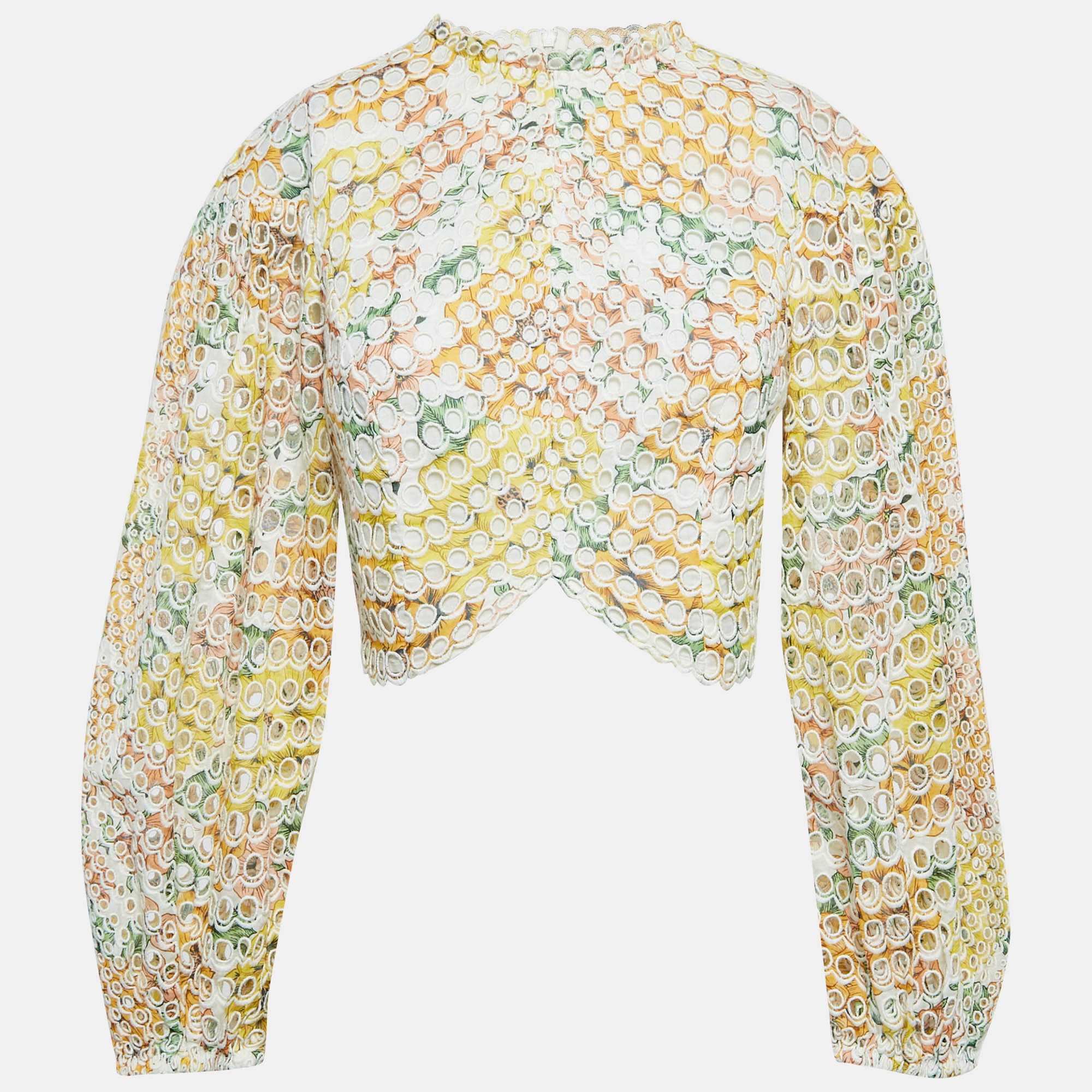 Pre Owned Zimmermann Multicolor Ramie Scallop Hem Puff Sleeve Blouse S