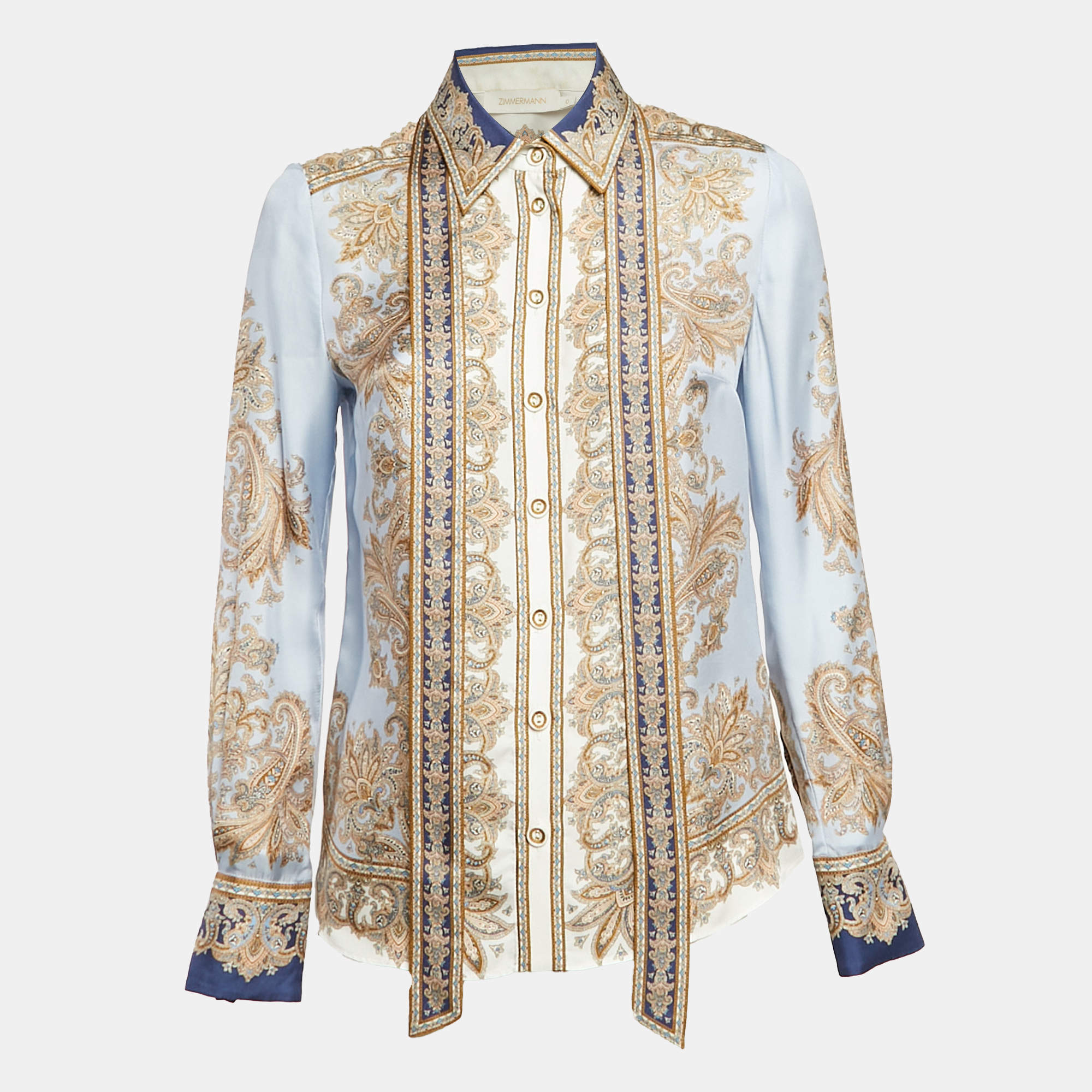 Pre Owned Zimmermann Blue Luminous Paisley Print Silk Neck Tie-Up Shirt S