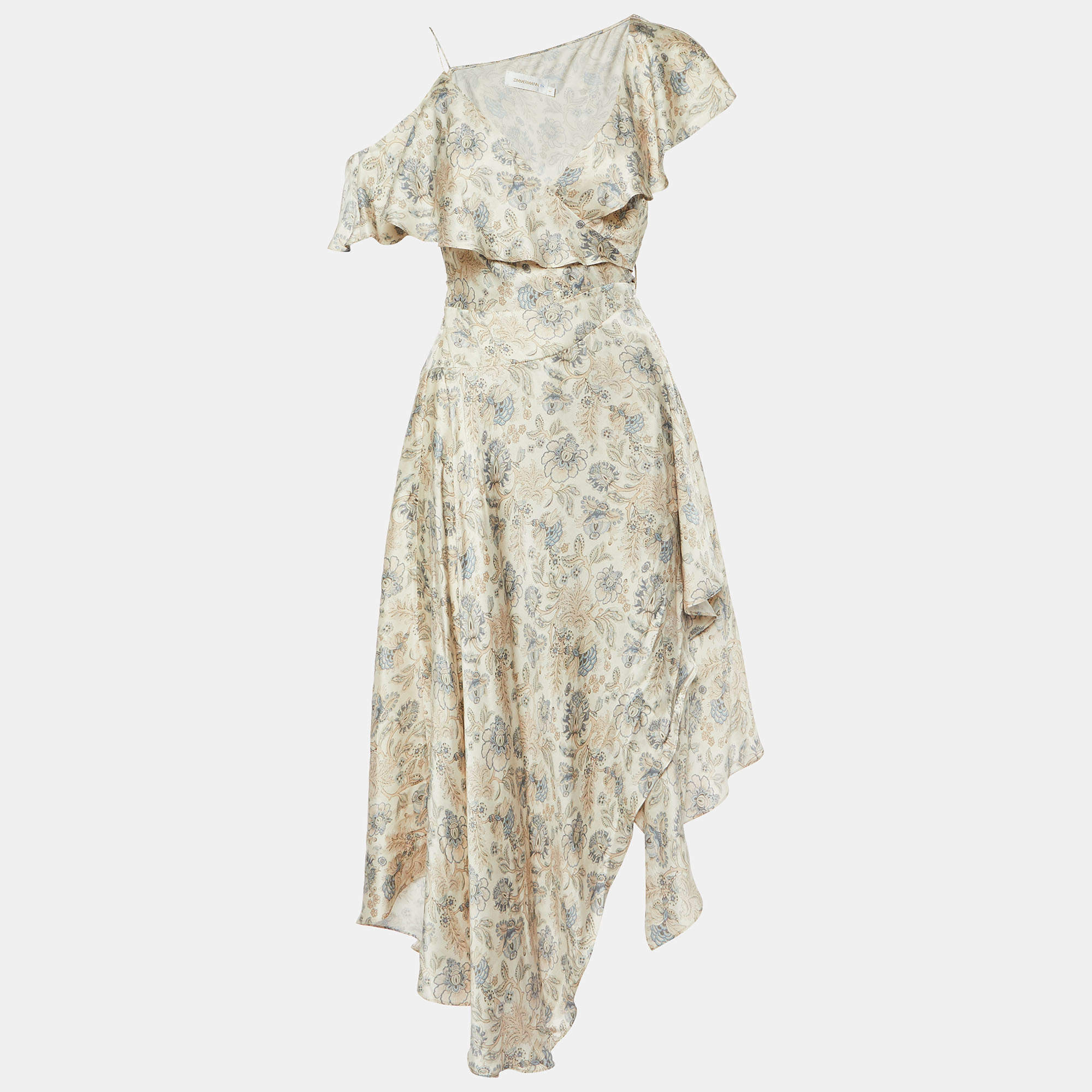Pre Owned Zimmermann Beige Floral Print Wrap-Around Dress S