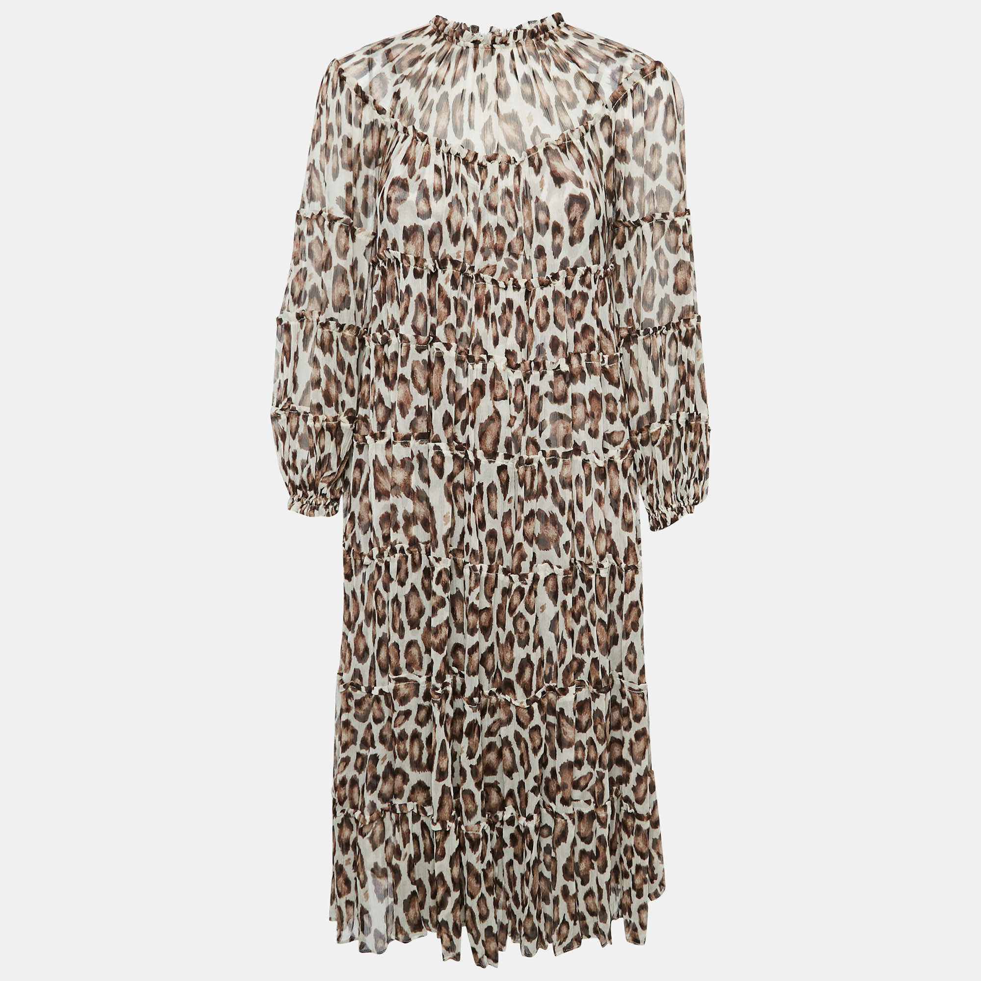 Pre Owned Zimmermann Brown Leopard Print Silk Chiffon Tiered Midi Dress M