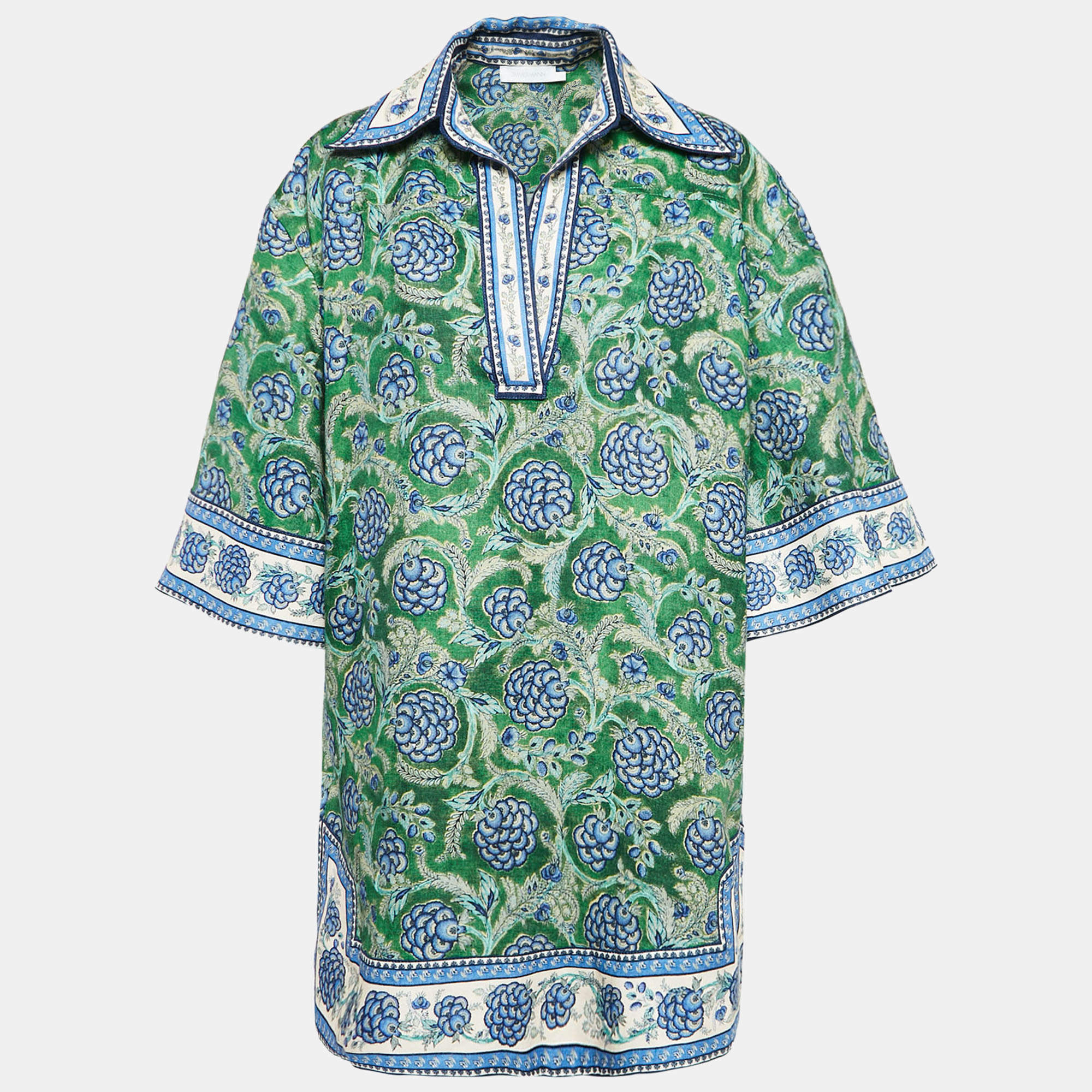 Pre Owned Zimmermann Green Junie Print Linen Tunic Dress XL