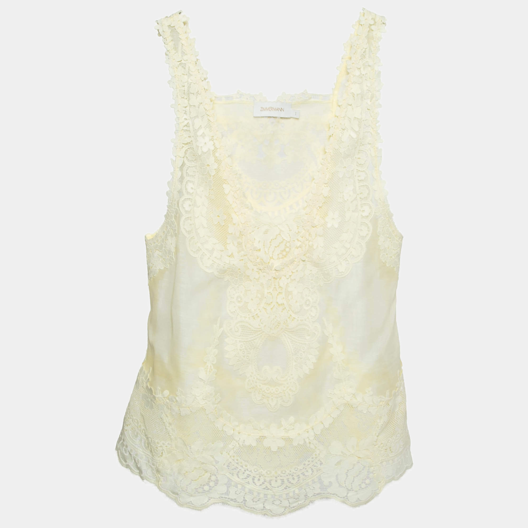 Pre Owned Zimmermann Yellow Linen and Silk Blend Lace Trim Sleeveless Top S
