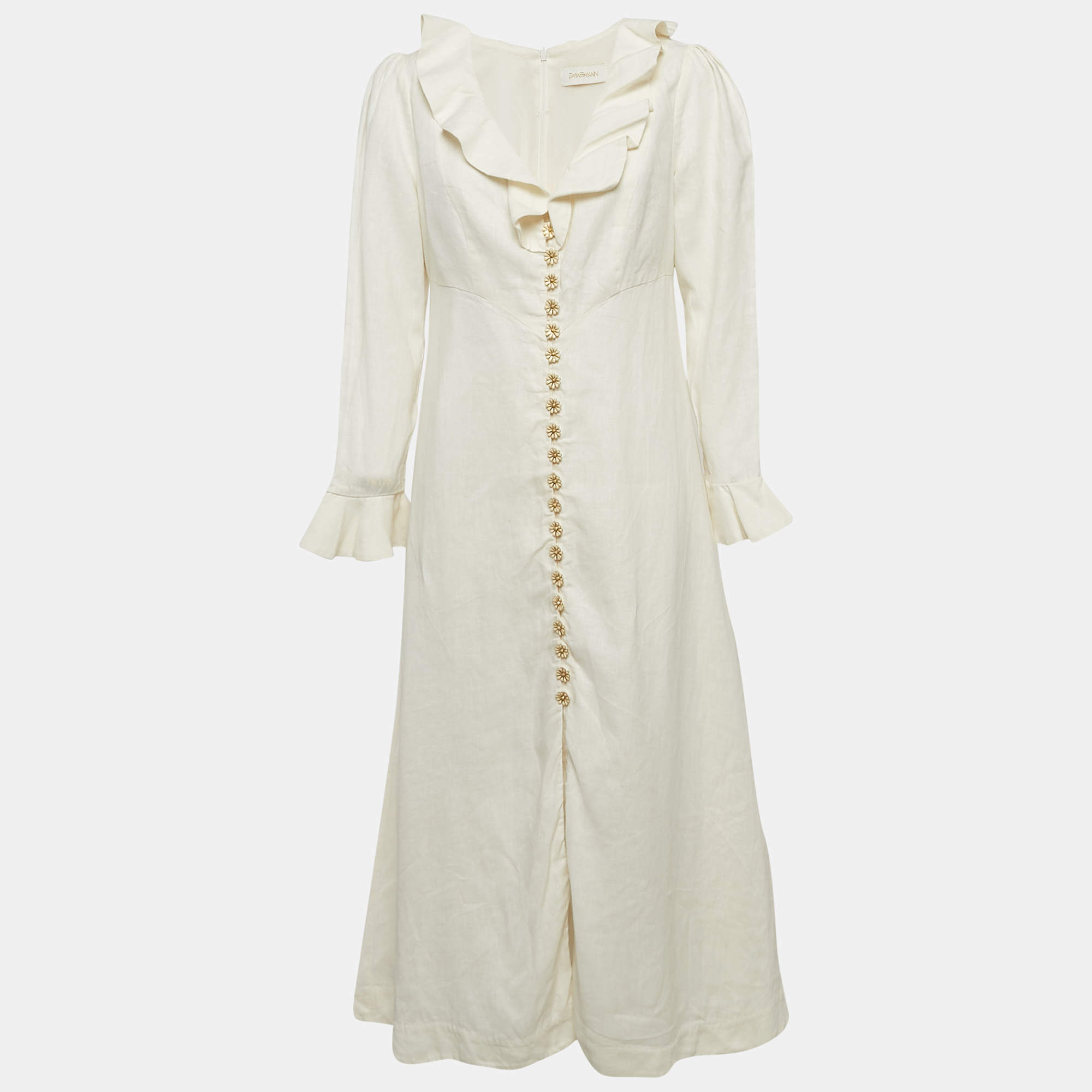Zimmermann White Linen Button Front Midi Dress L
