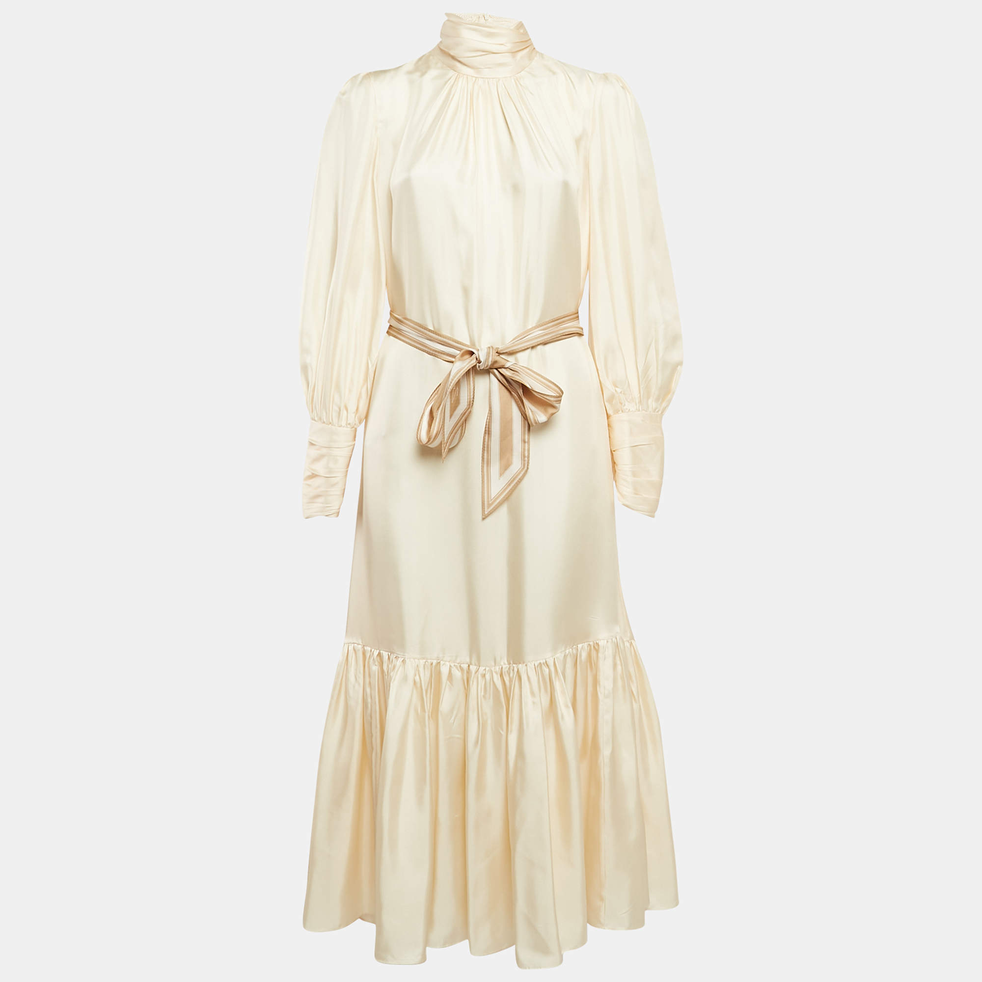 Pre Owned Zimmermann Cream Silk Puff Sleeves Gathered Midi Dress L