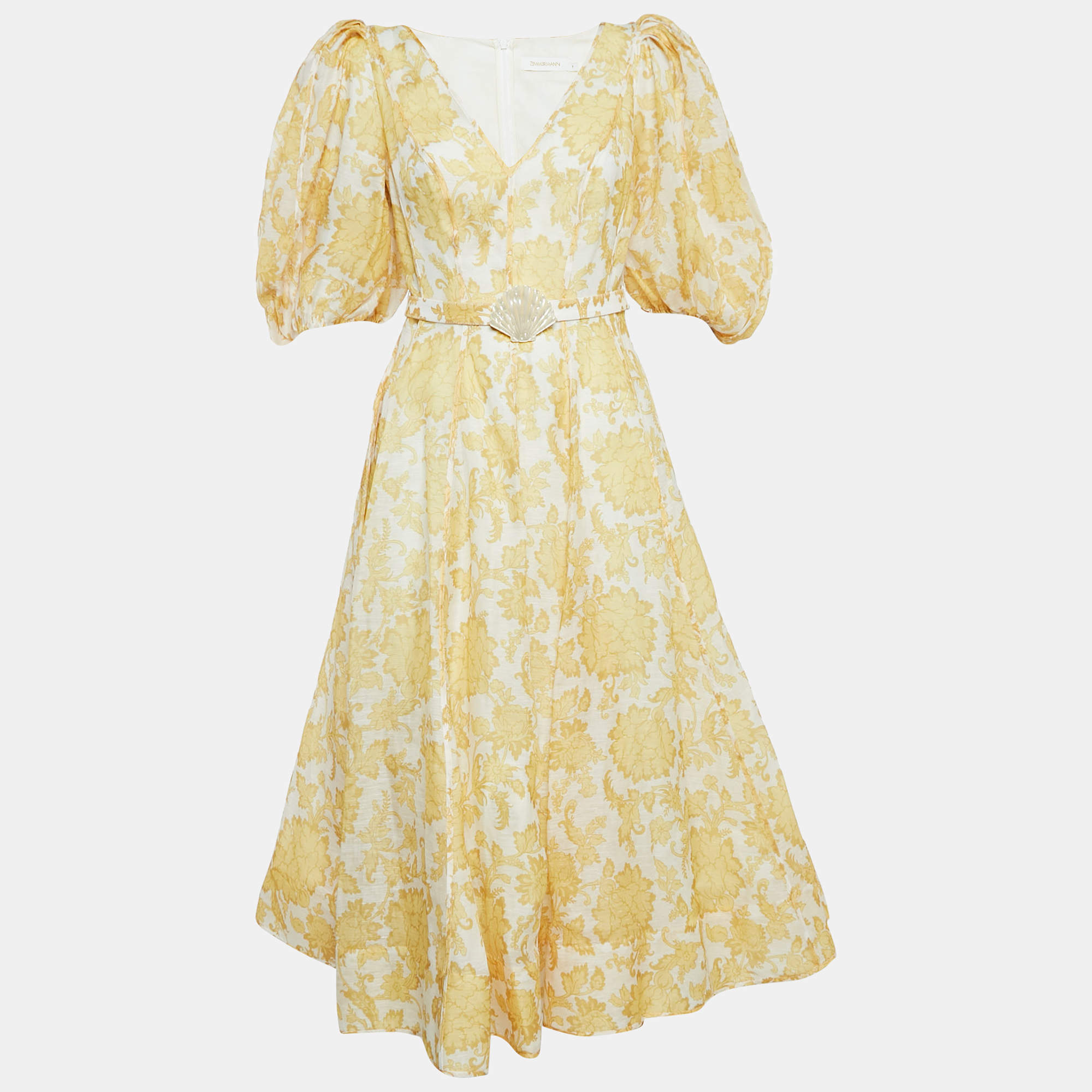 Zimmermann White Floral Linen and Silk Post-Card Pleated Sleeves Midi Dress S