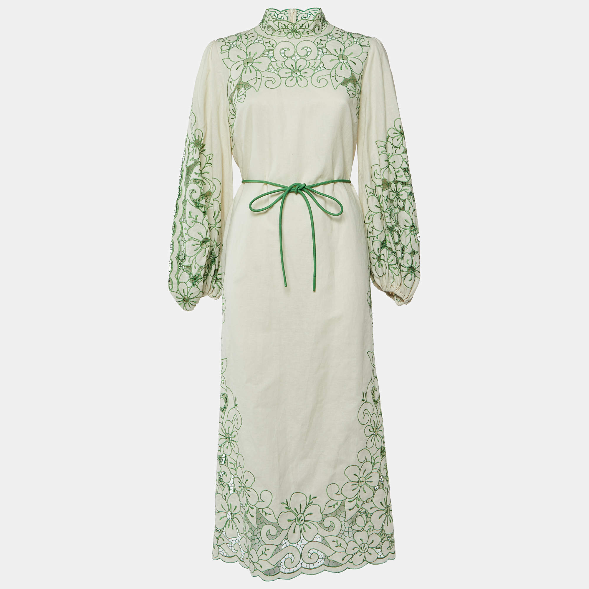 Pre Owned Zimmermann Cream Teddy Floral Embroidered Linen & Cotton Midi Dress L