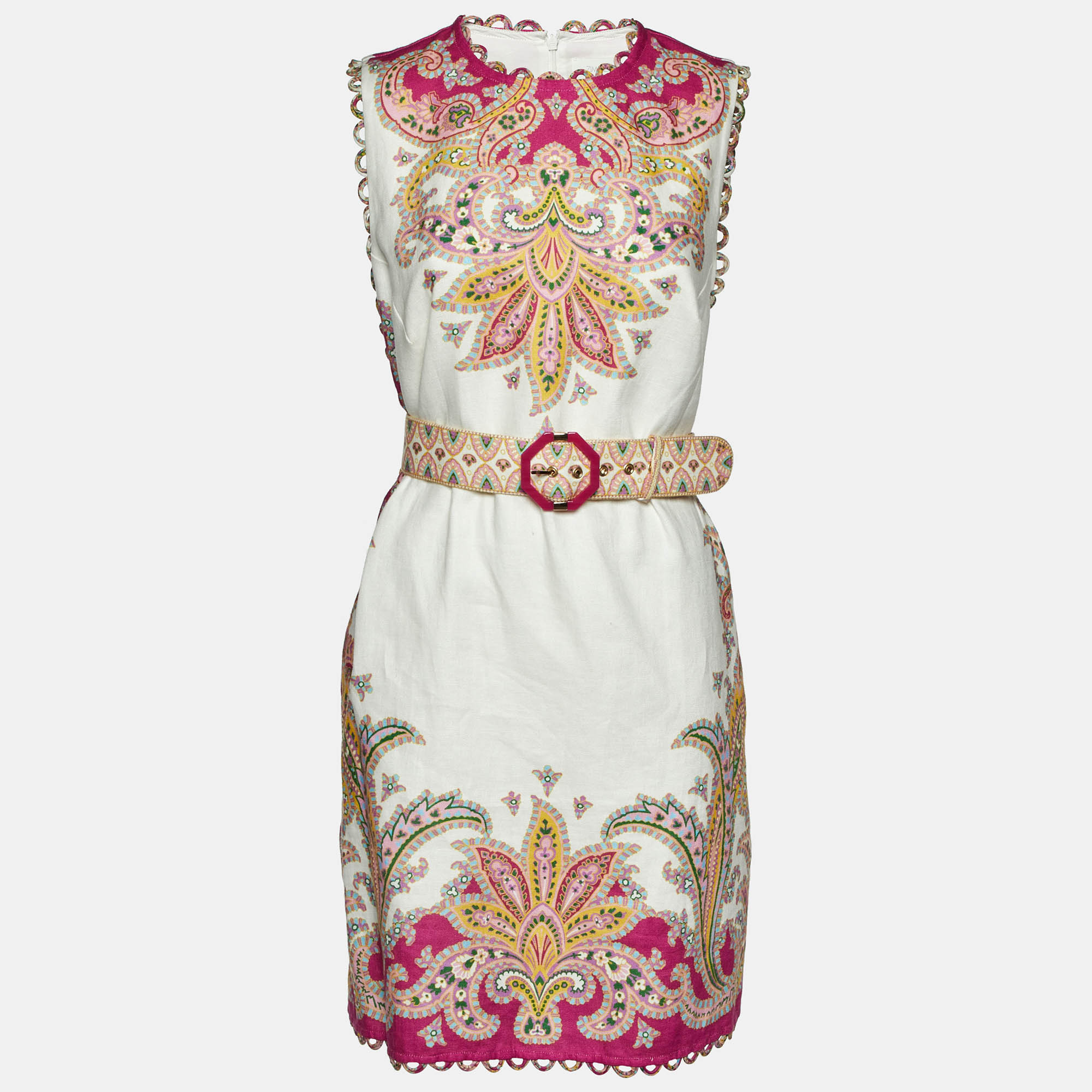 مملوكة مسبقًا Zimmermann Pink Paisley Print Linen Teddy Scallop Shift Dress XL