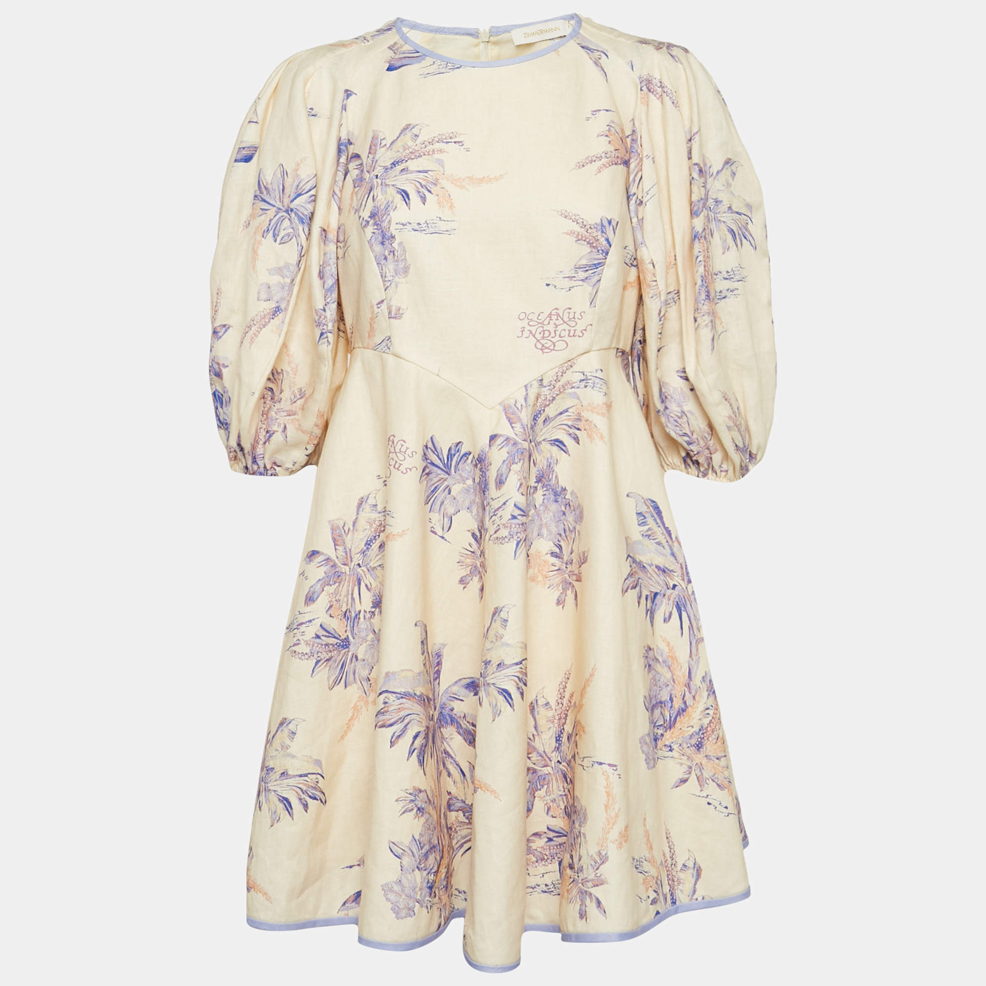 Pre Owned Zimmermann Cream Floral Print Linen Day Mini Dress L