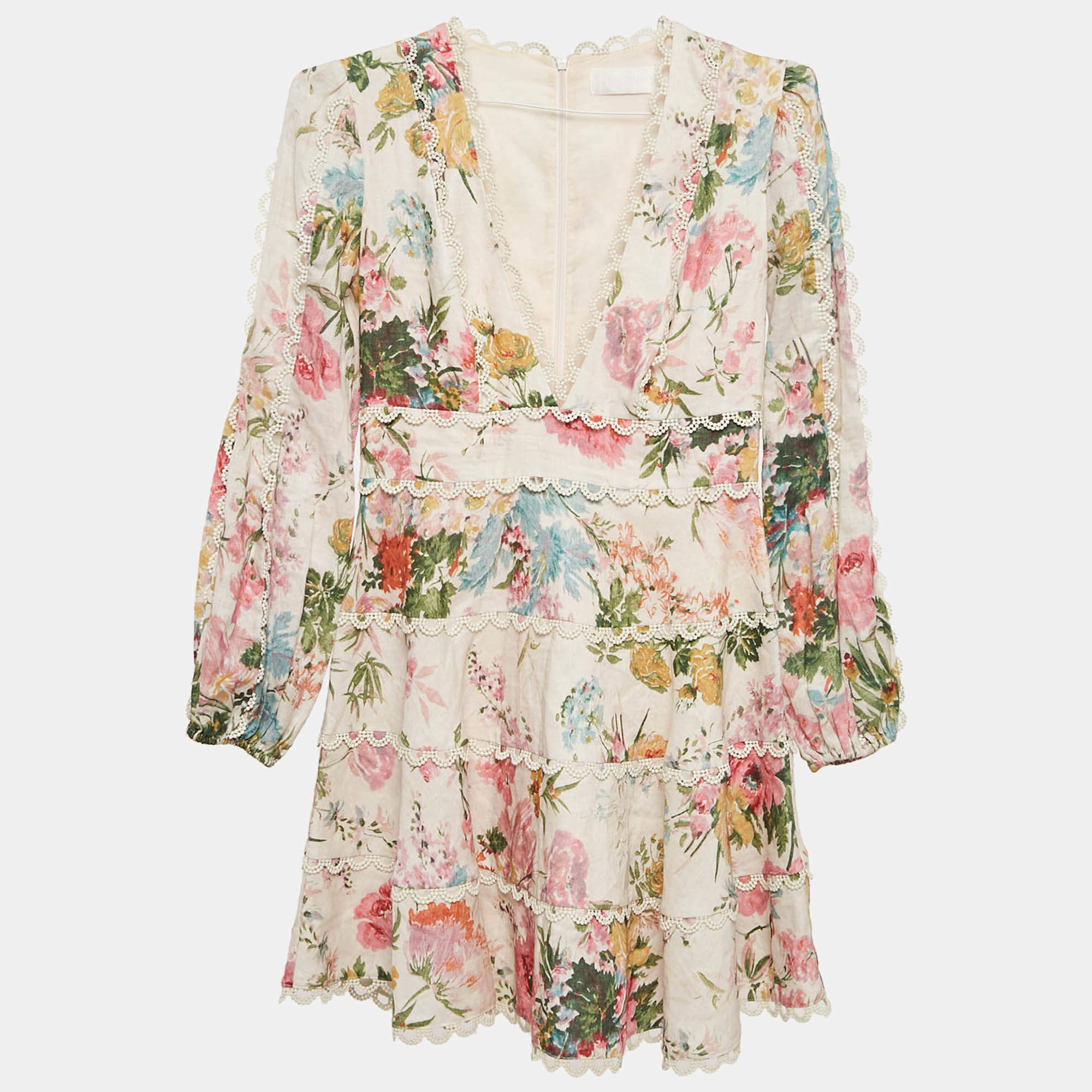 Pre Owned Zimmermann White Floral Print Linen Tiered Heathers Mini Dress M