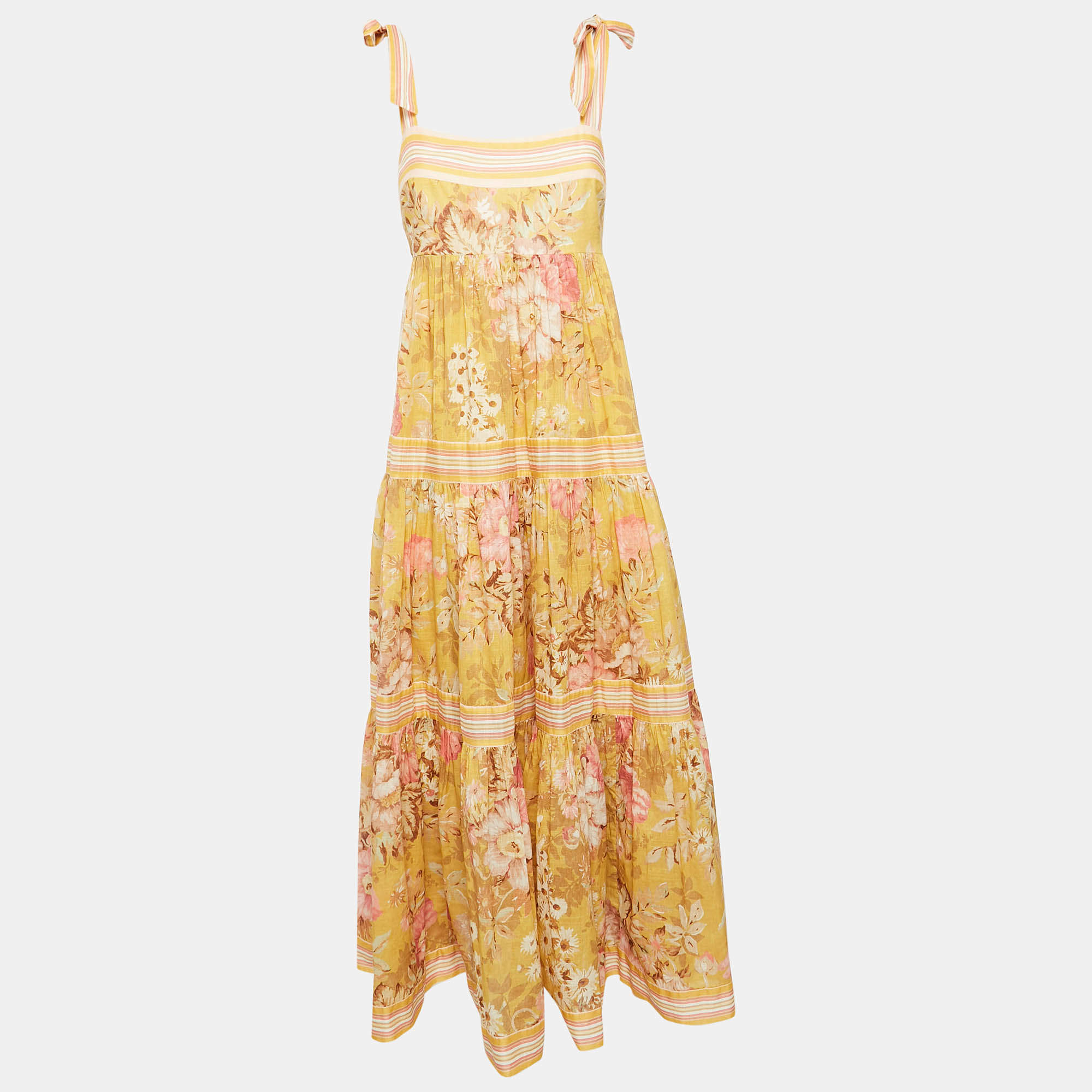 Pre Owned Zimmermann Yellow Floral Print Cotton Shoulder Tie-Up Midi Dress L