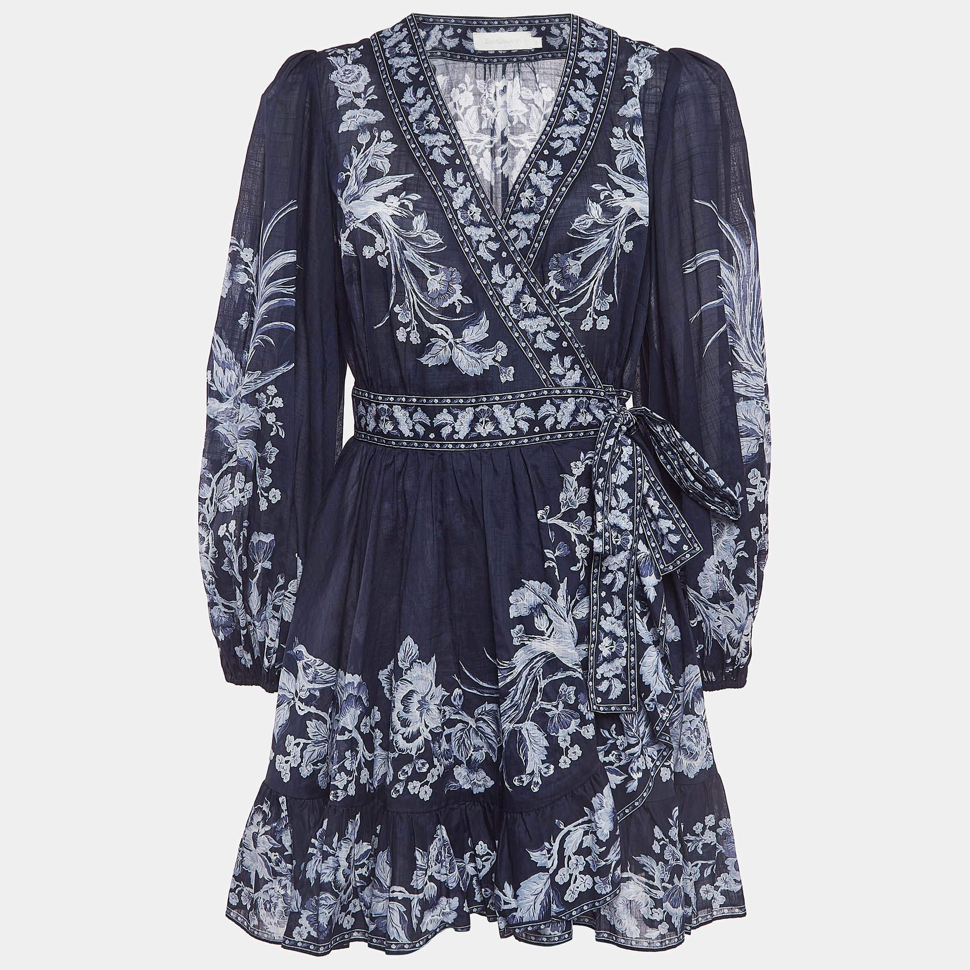 مملوكة مسبقًا Zimmermann Blue Floral Print Cotton Aliane Mini Wrap Dress M