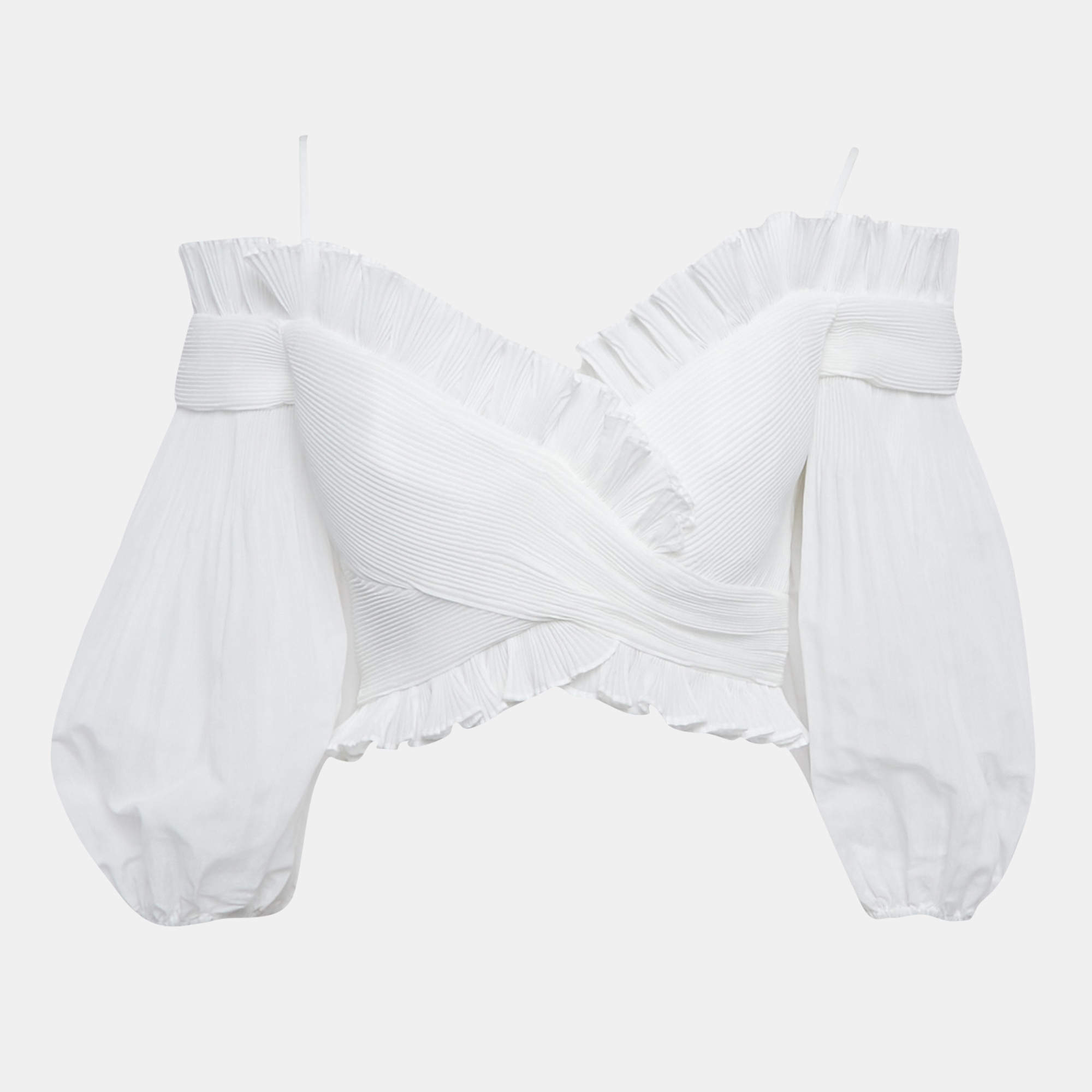 Pre Owned Zimmermann White Plisse Off-Shoulder Crop Top M