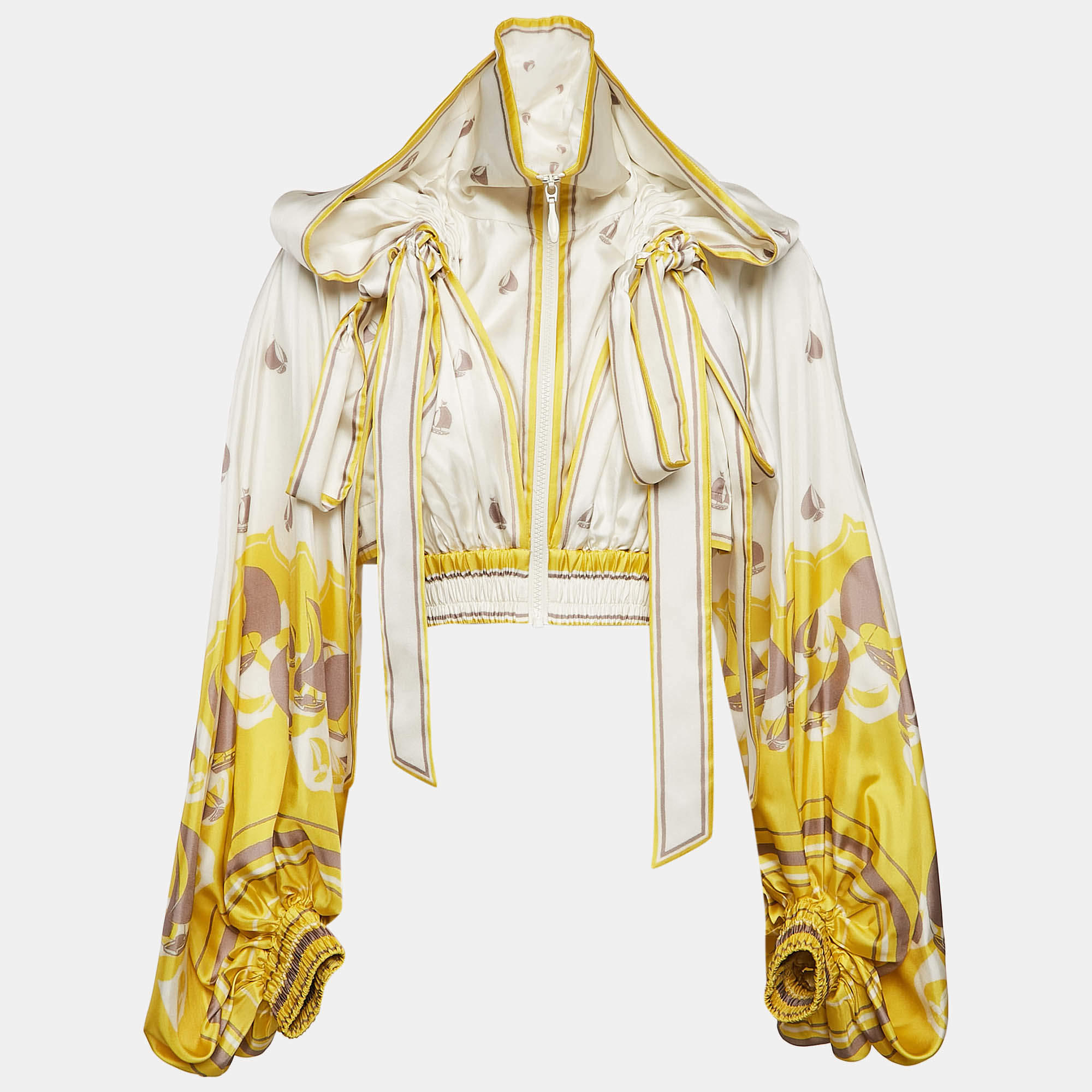 : Zimmermann White/Yellow High Tide Sailboats Print Silk Crop Jacket S
