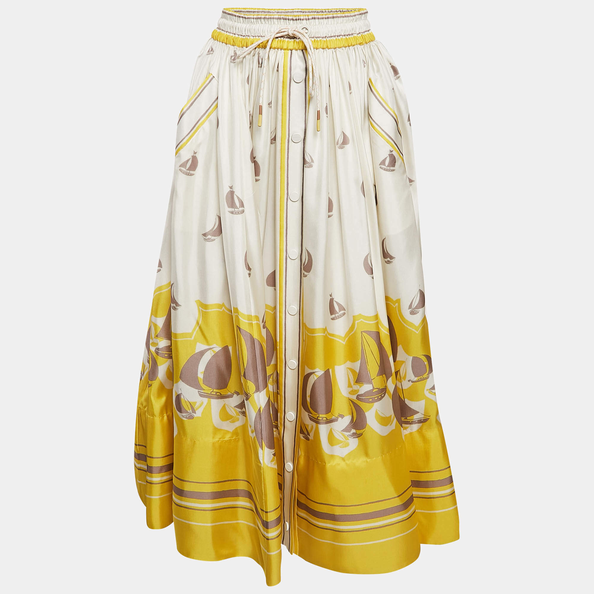  Zimmermann White/Yellow High Tide Sailboats Print Silk Midi Skirt S