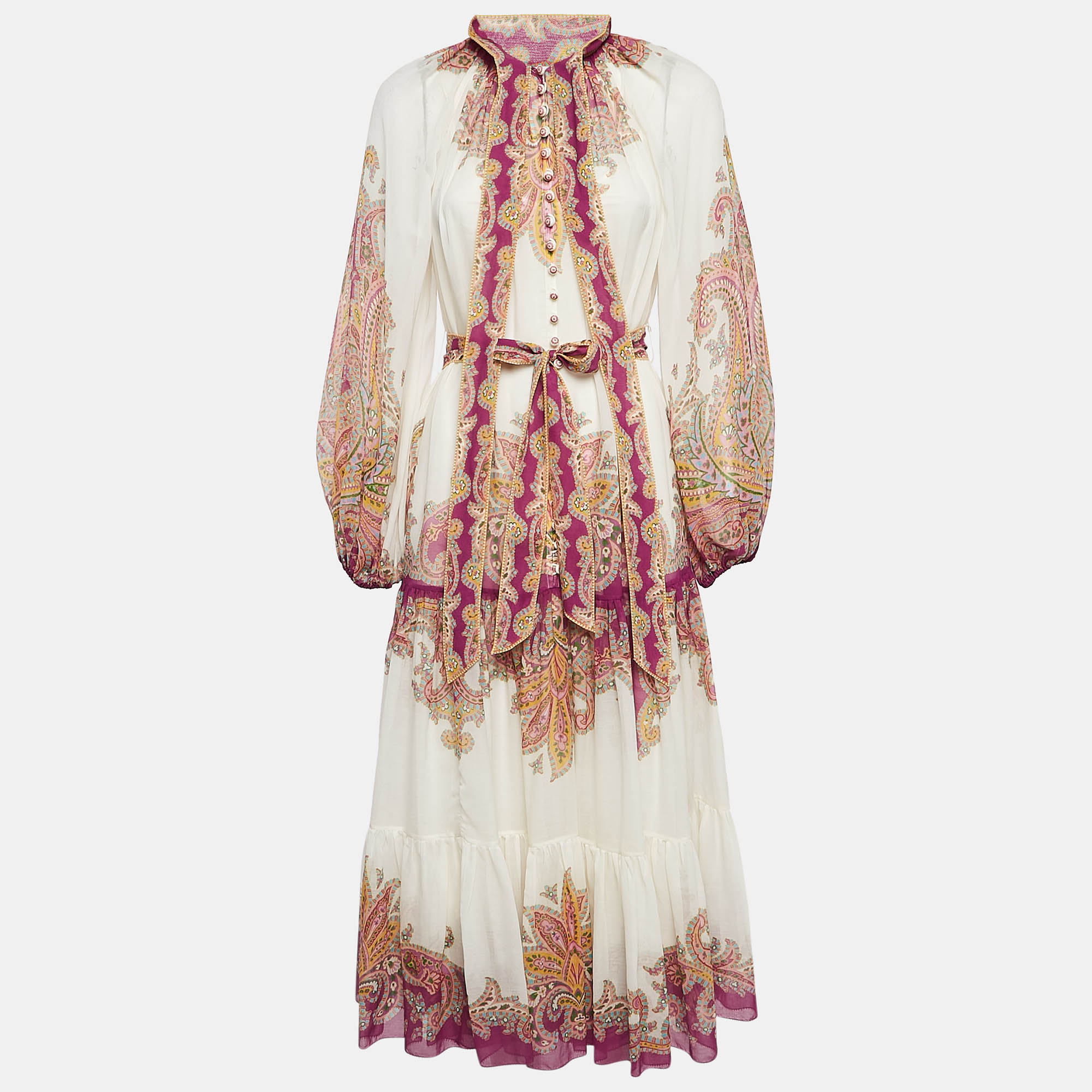 Pre Owned Zimmermann White Paisley Print Cotton Blend Teddy Midi Dress M