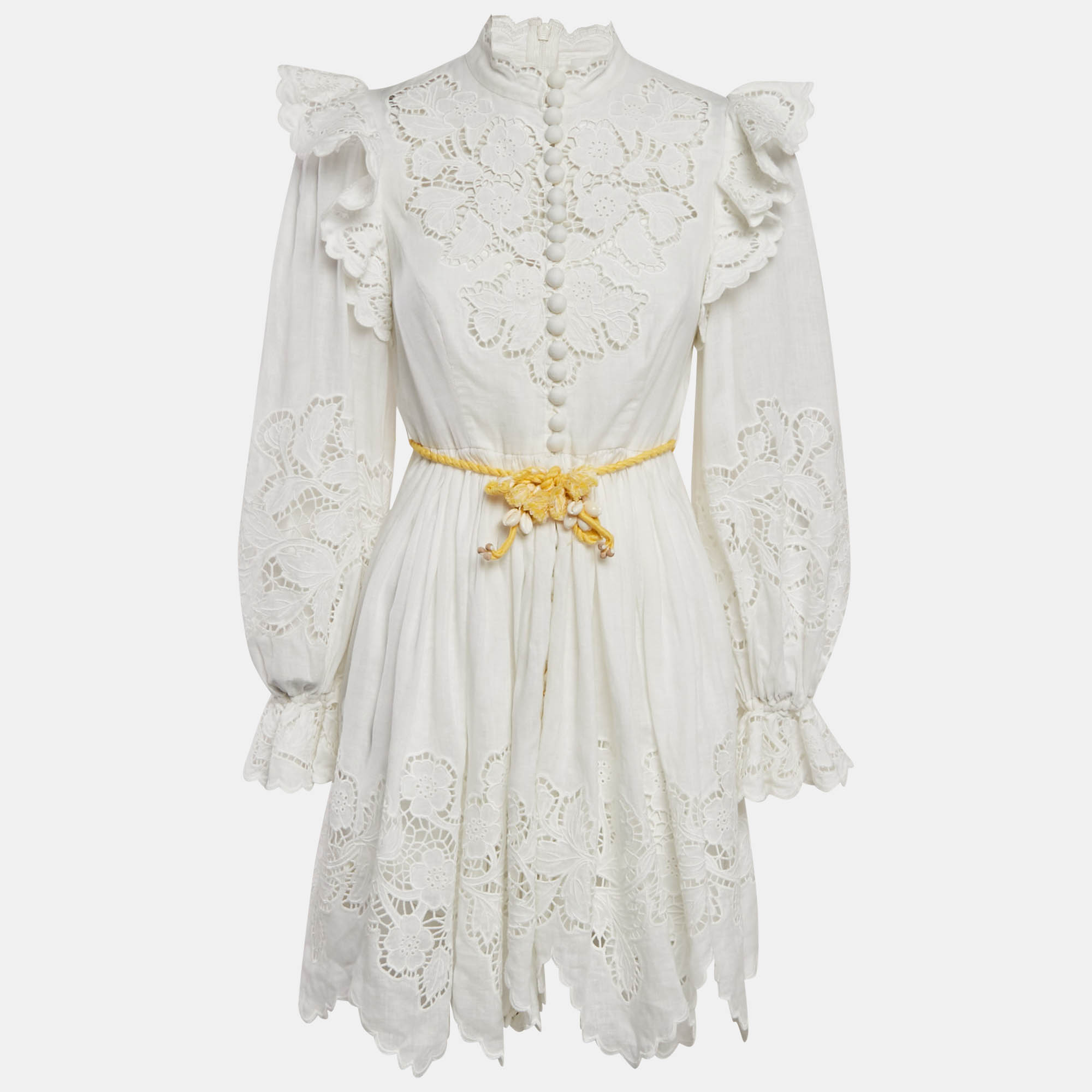 Pre Owned Zimmermann White Broderie Anglaise Linen Carnaby Ruffled Mini Dress M