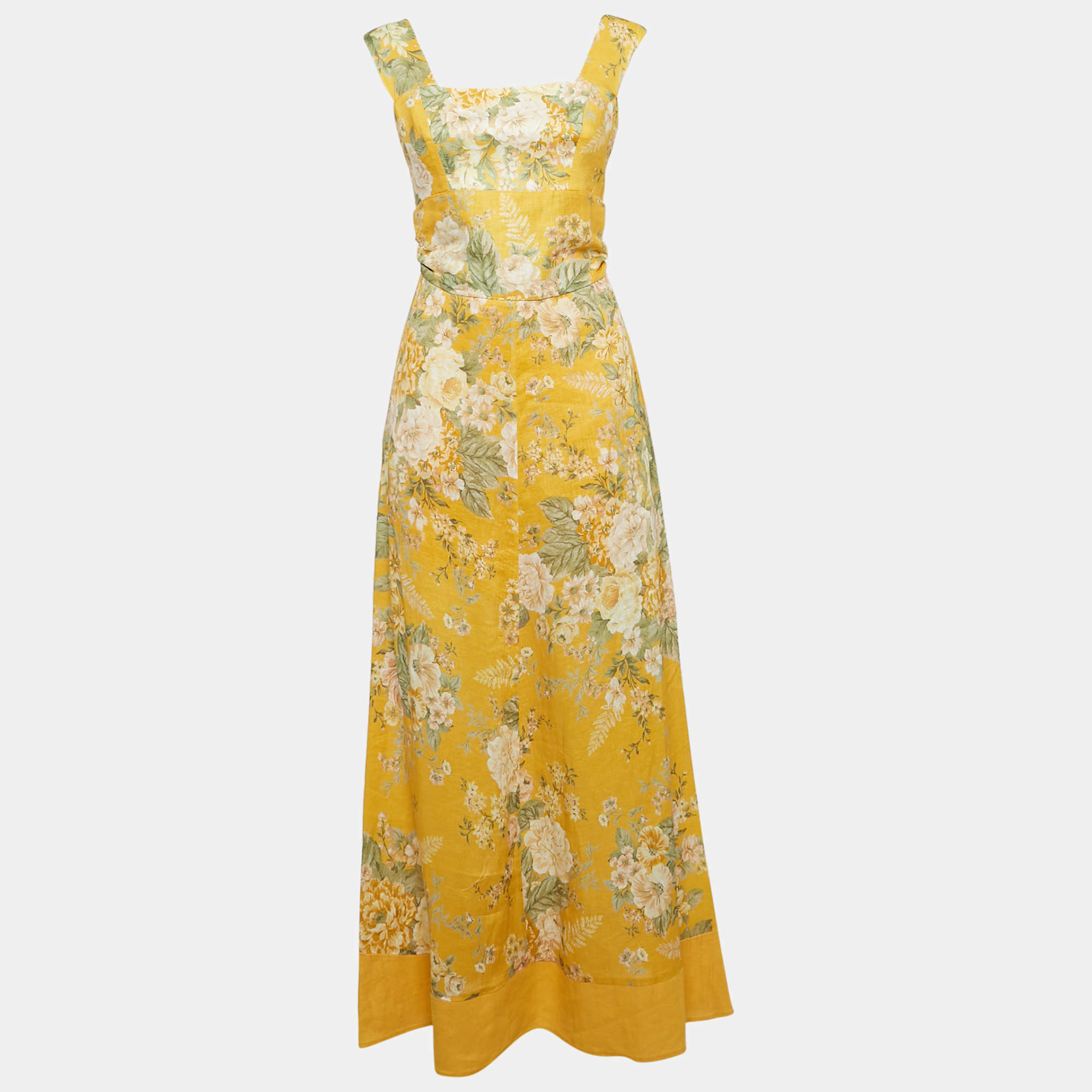 Pre Owned Zimmermann Yellow Floral Print Linen Sleeveless Maxi Dress M