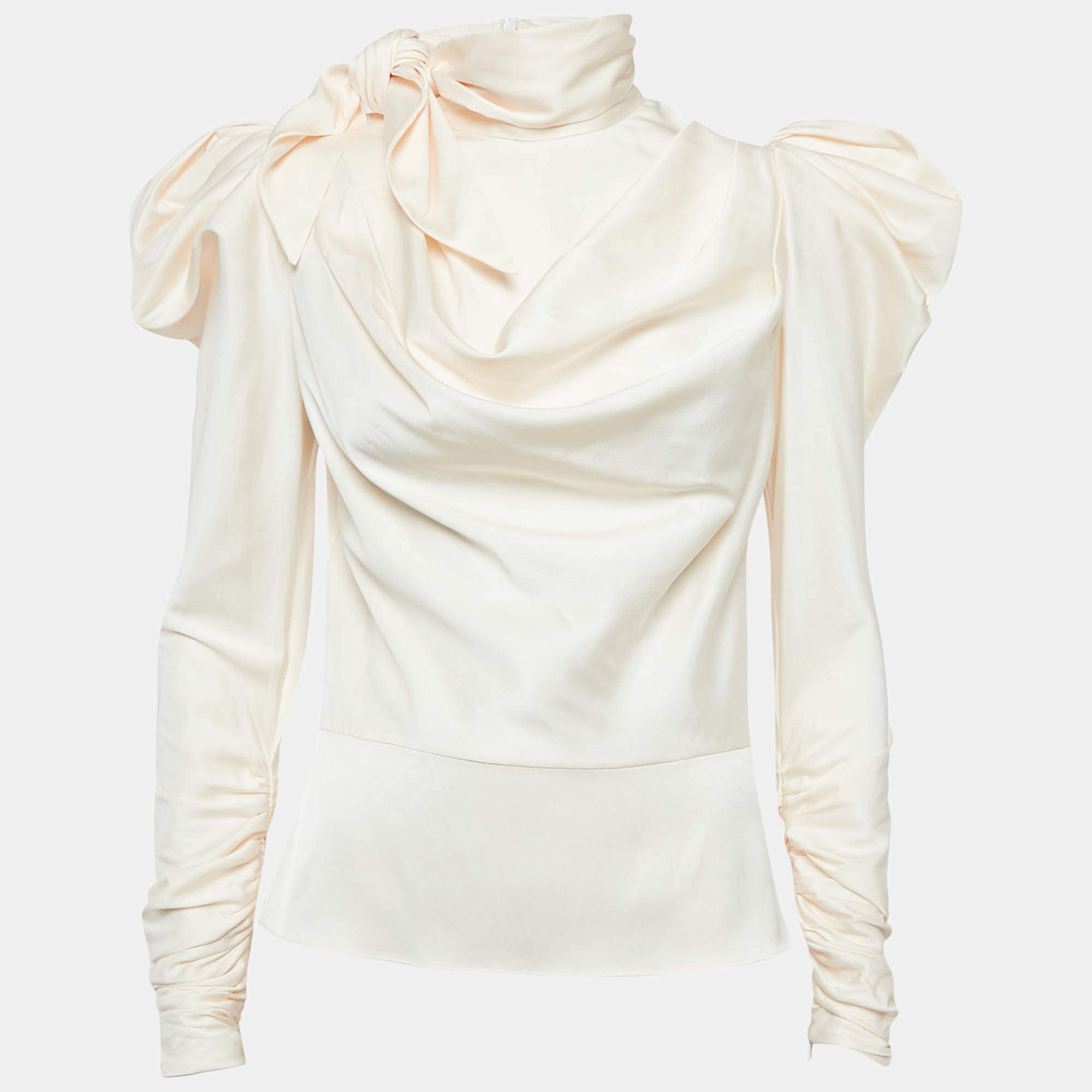 Pre Owned Zimmermann Cream Silk Tie-Up High Neck Blouse M