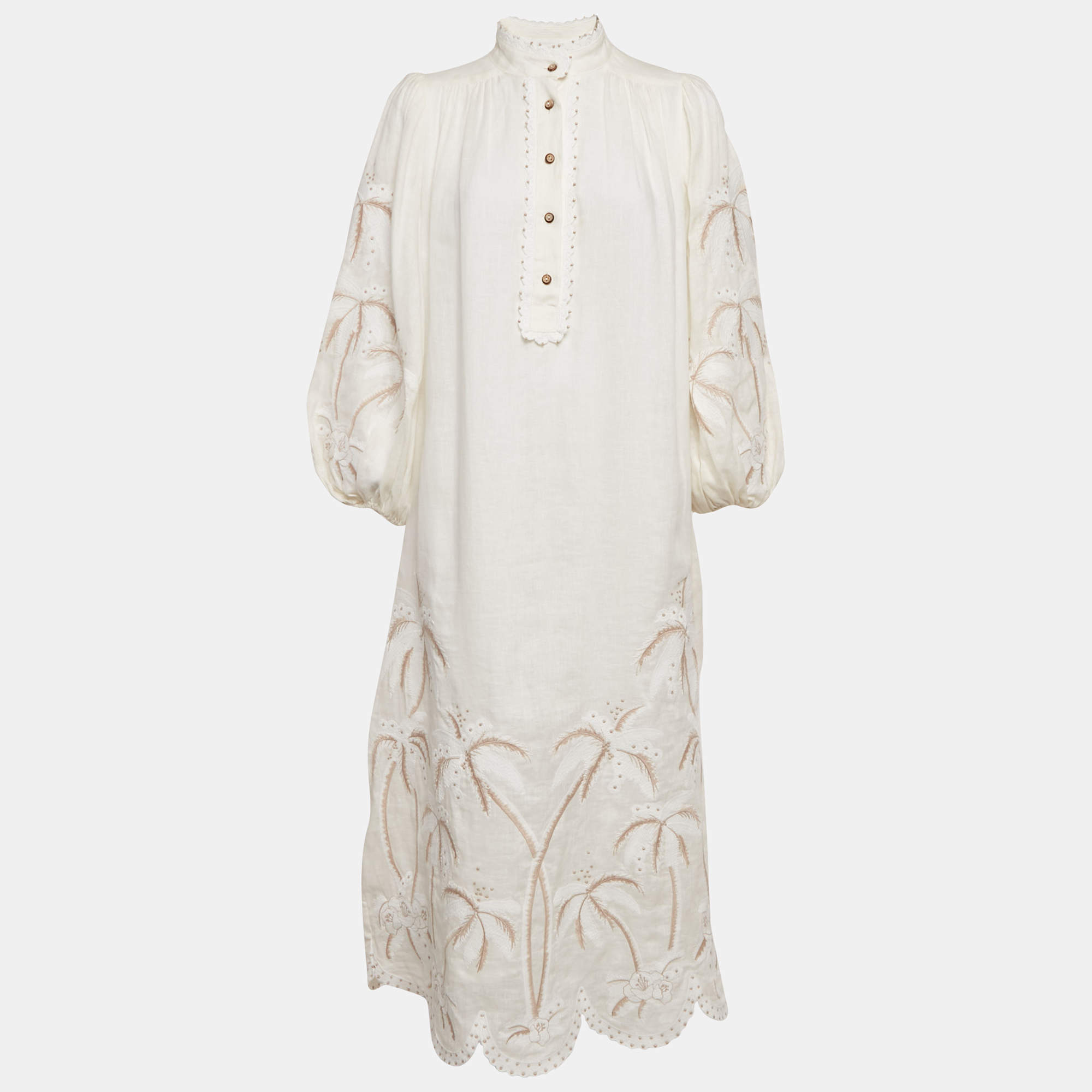 Pre Owned Zimmermann Off-White Embroidered Linen Puff Sleeve Midi Dress S
