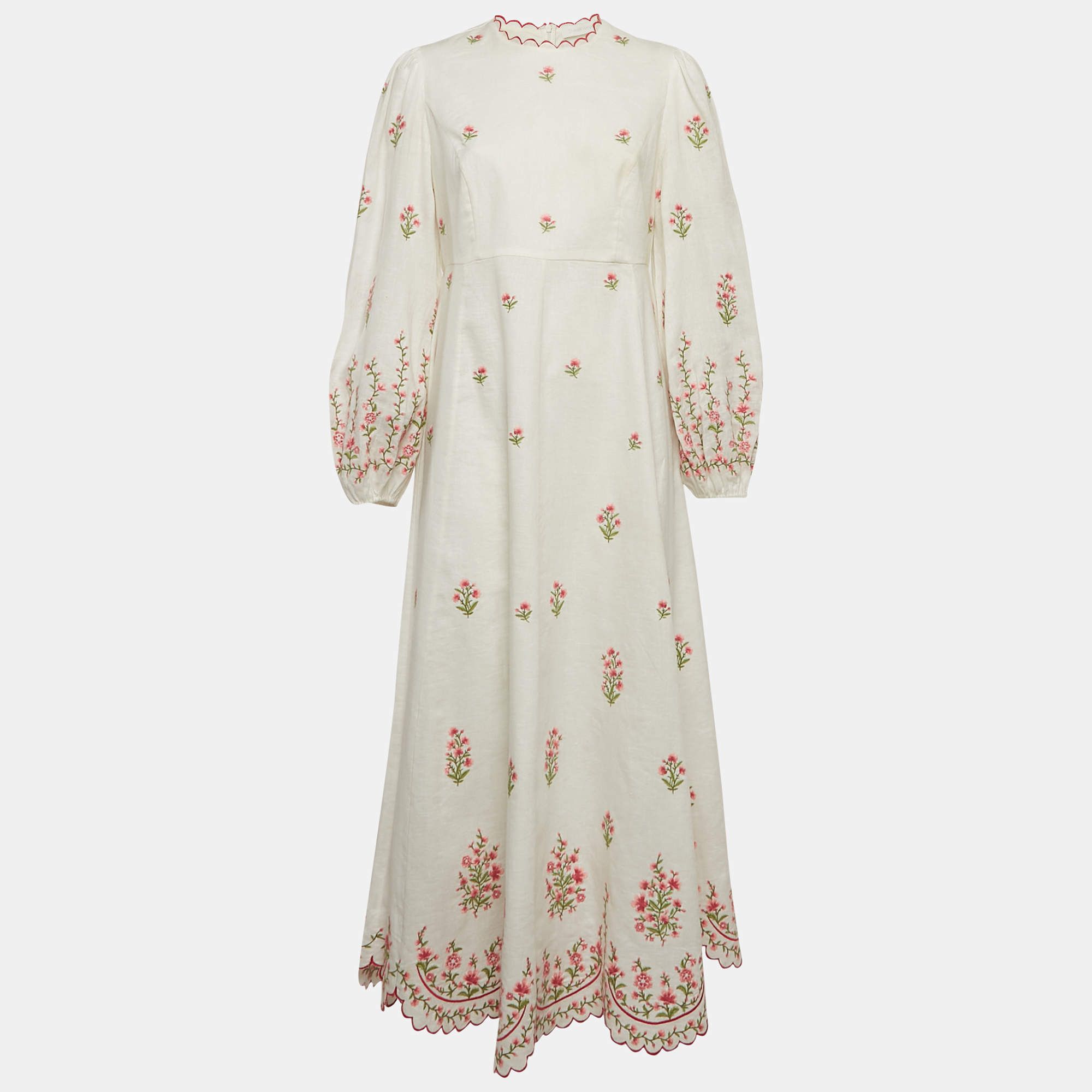 Pre Owned Zimmermann White Poppy Floral Embroidered Linen Scallop Midi Dress L