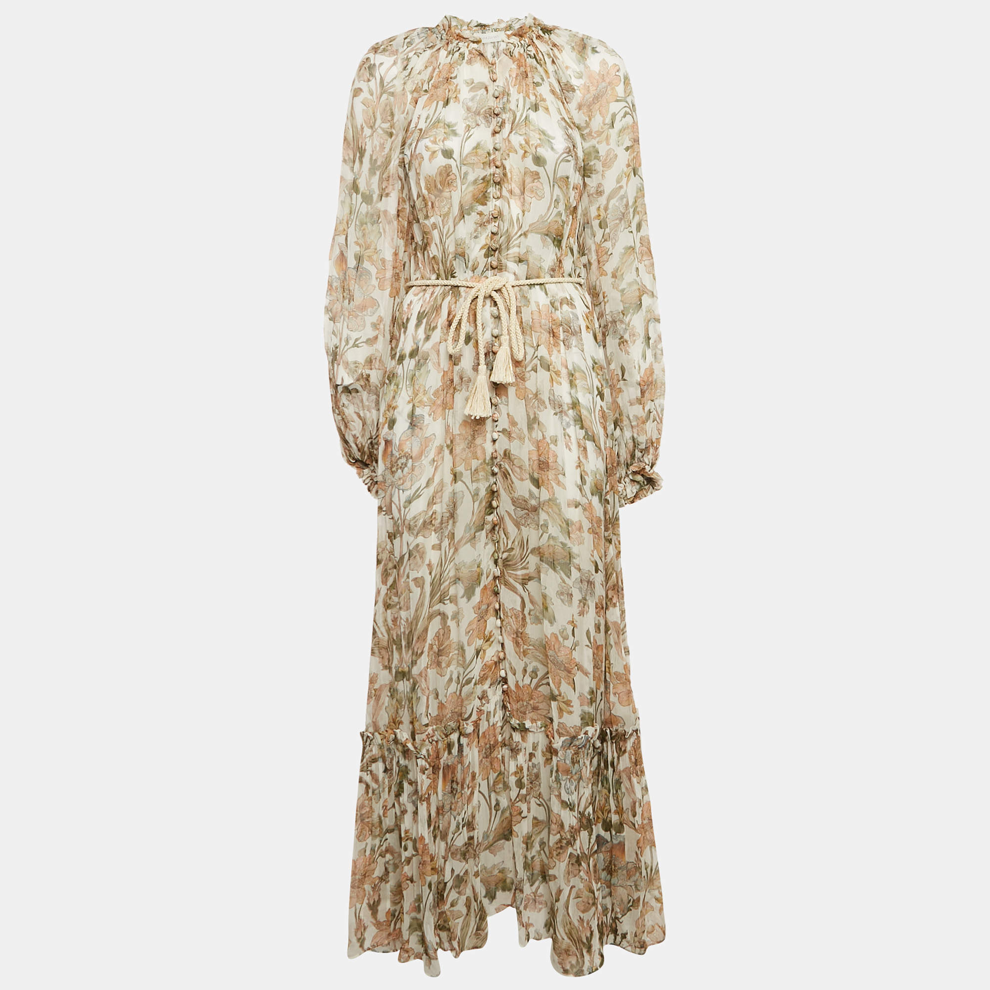 Pre Owned Zimmermann Beige Floral Print Chiffon Belted Maxi Dress L