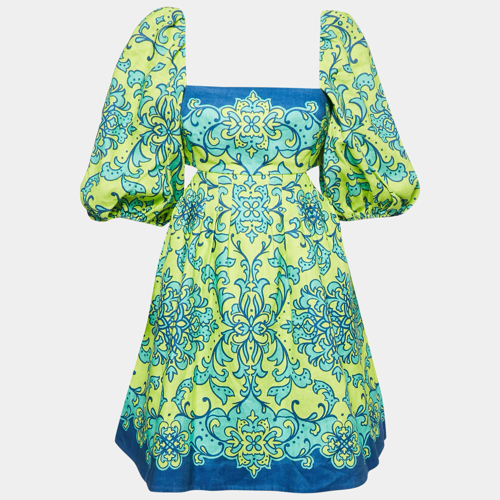 Pre Owned Zimmermann Green Printed Linen Cut-Out Nina Mini Dress S